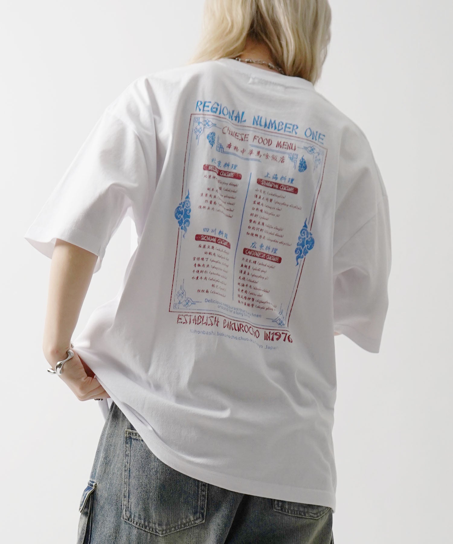 25SS ビッグシルエット "馬喰飯店" 中華メニュー バックプリント半袖Tシャツ