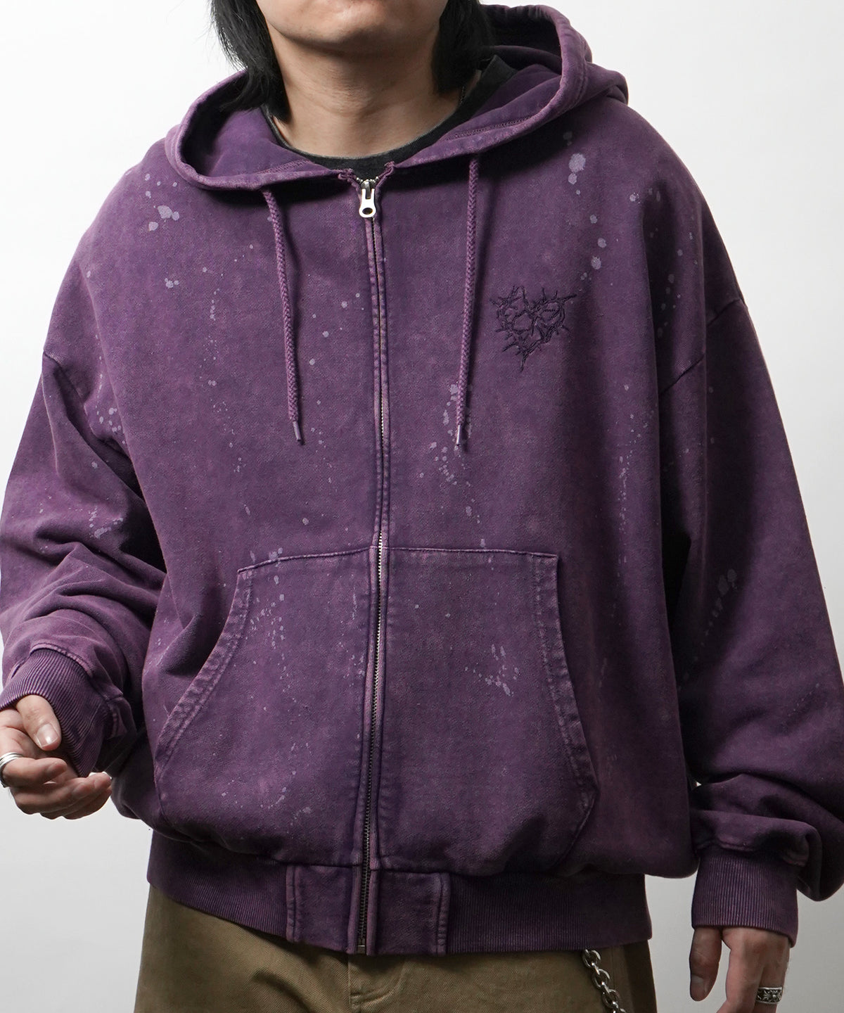 トライバルハート刺繍 フルジップパーカー グランジ加工×スプラッシュ加工 フーディ