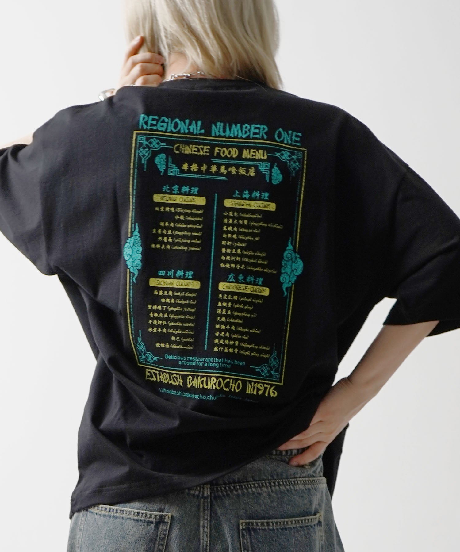 25SS ビッグシルエット "馬喰飯店" 中華メニュー バックプリント半袖Tシャツ