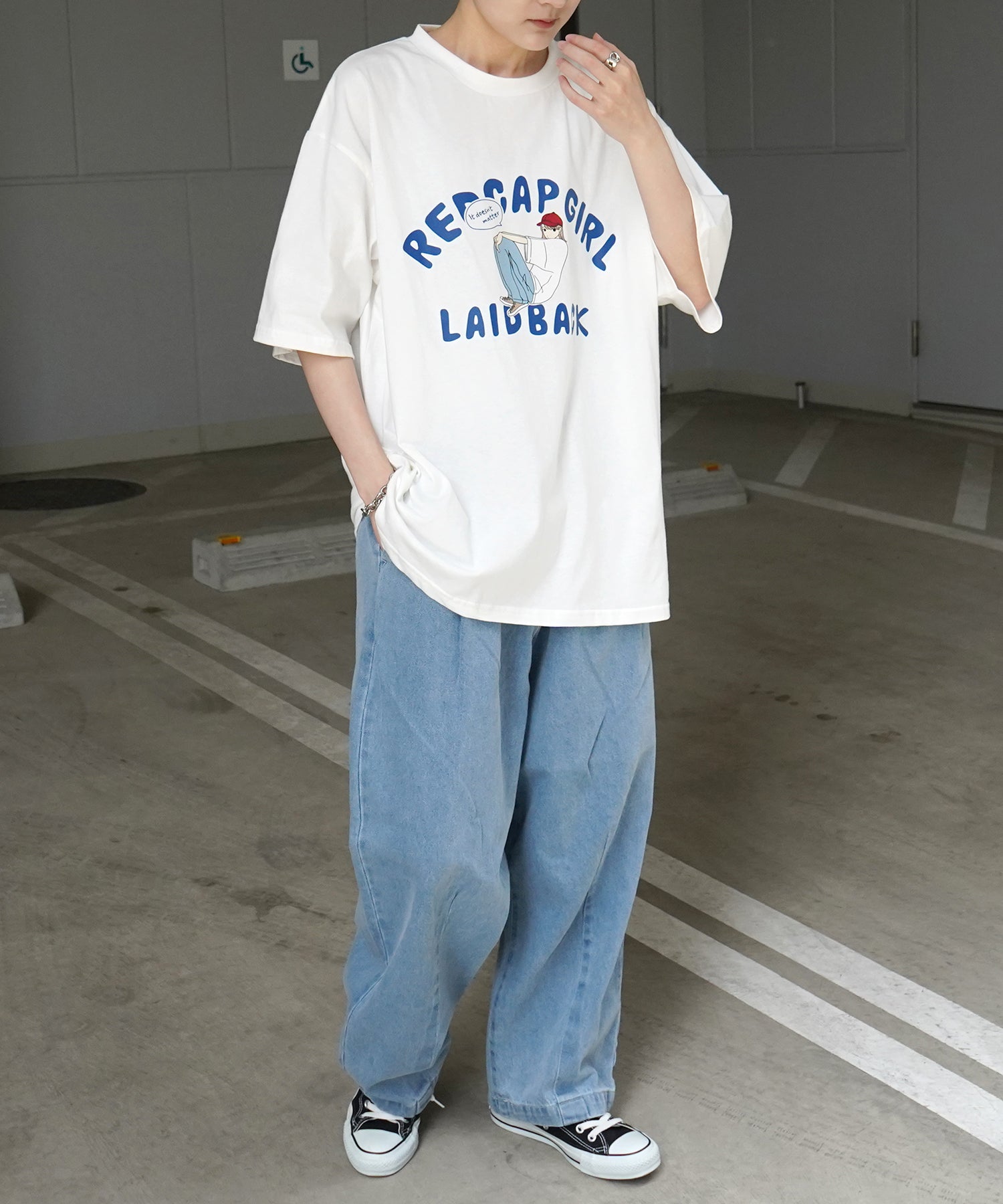 25SS【RED CAP GIRL】フロントプリント ビッグシルエット半袖Tシャツ