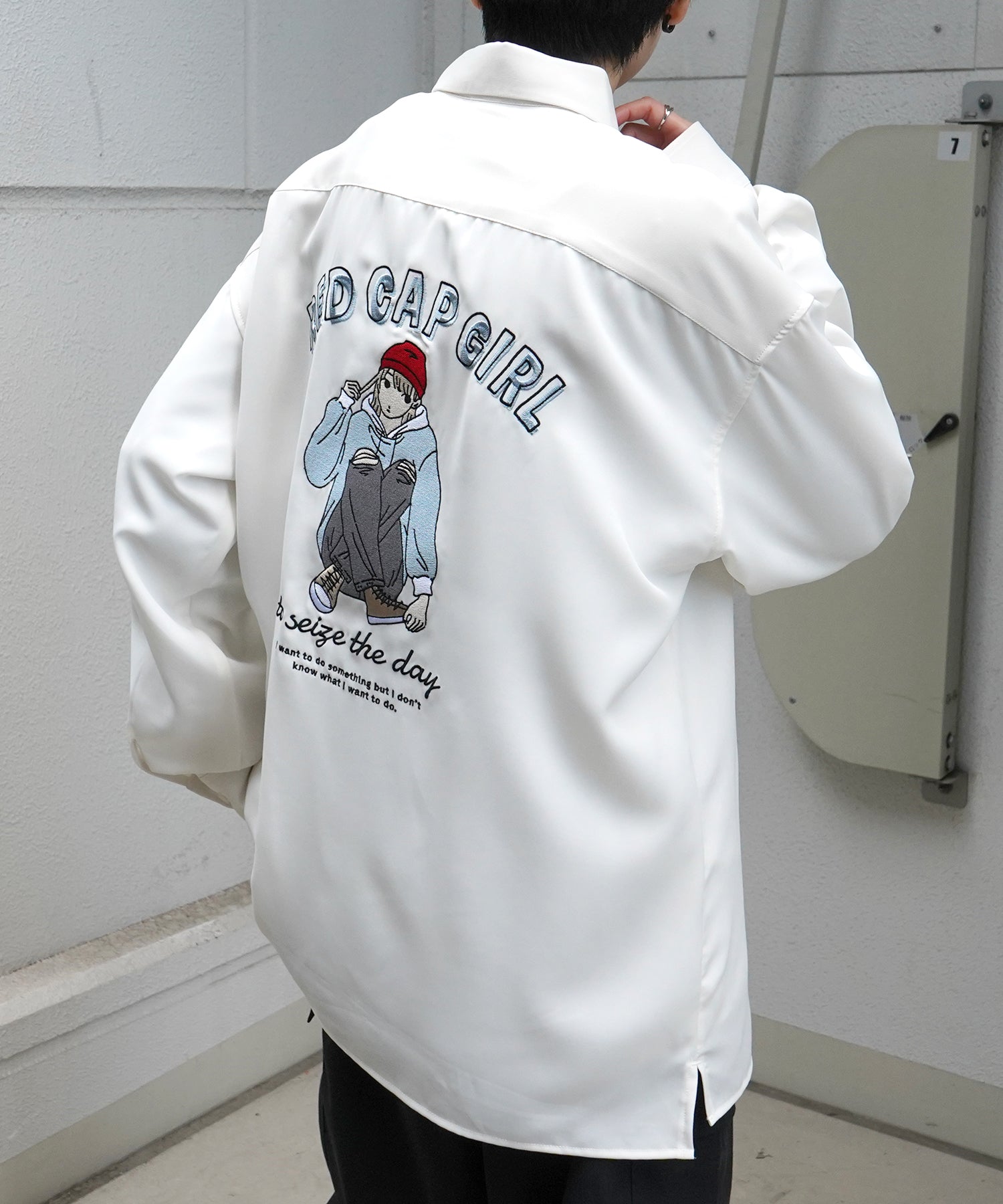 【RED CAP GIRL】25SS バックプリント クレリック 配色 ビッグシルエット長袖シャツ