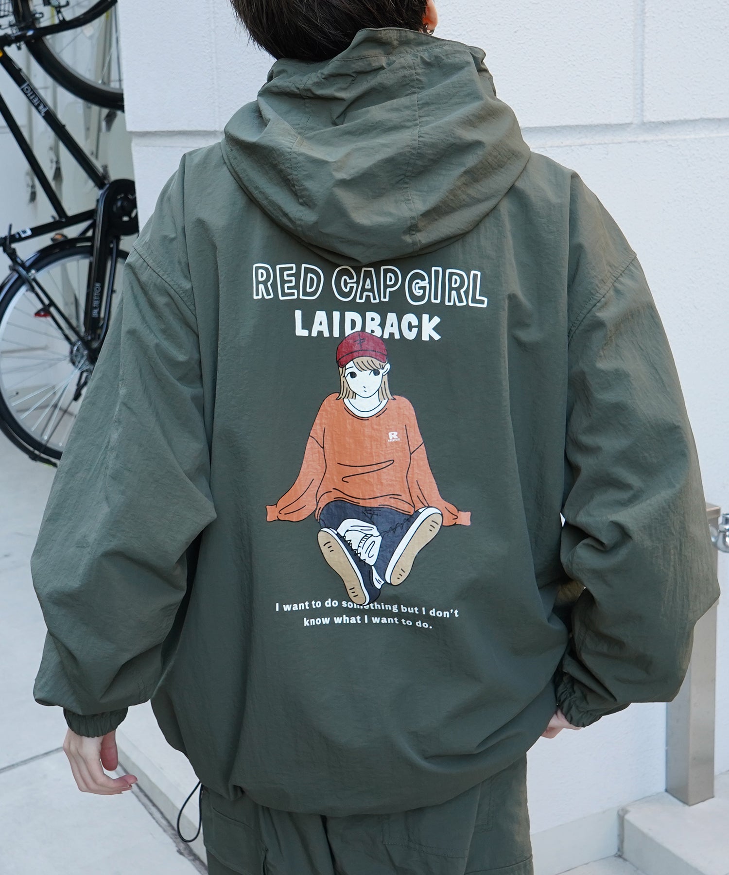【RED CAP GIRL】24SS ビッグシルエット イラストバックプリント フードジャケット ナイロンブルゾン