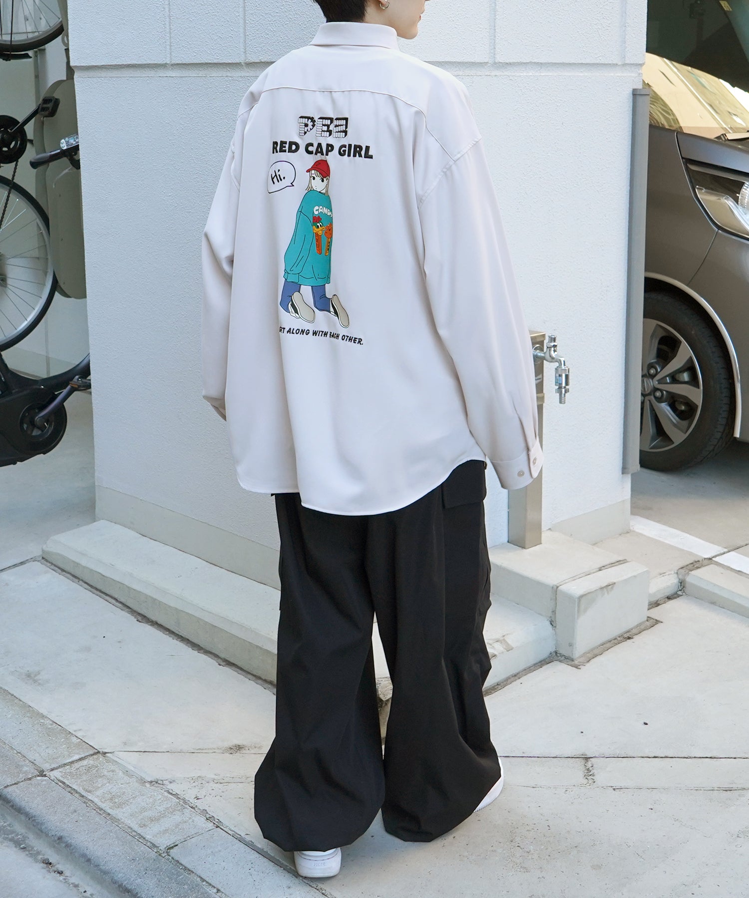 【PEZ × RED CAP GIRL】コラボ 25SS 無地 / クレリック配色 長袖ビッグシルエットシャツ