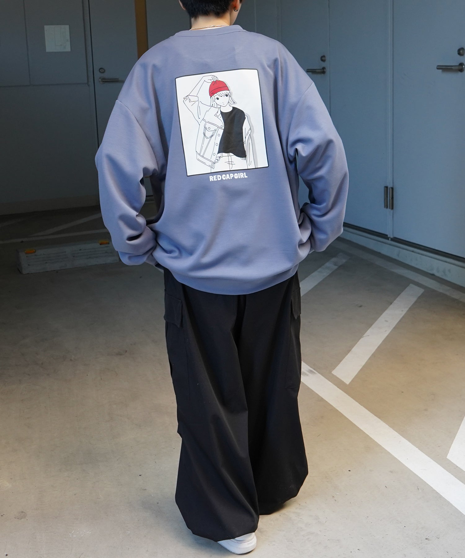 【RED CAP GIRL】25SS ビッグシルエット とろみポンチ 落ち感ドレープ バックプリント ダンボールニットプルオーバースウェット