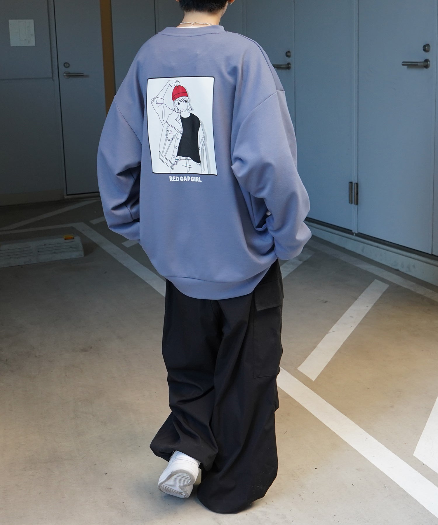 【RED CAP GIRL】25SS ビッグシルエット とろみポンチ 落ち感ドレープ バックプリント ダンボールニットプルオーバースウェット