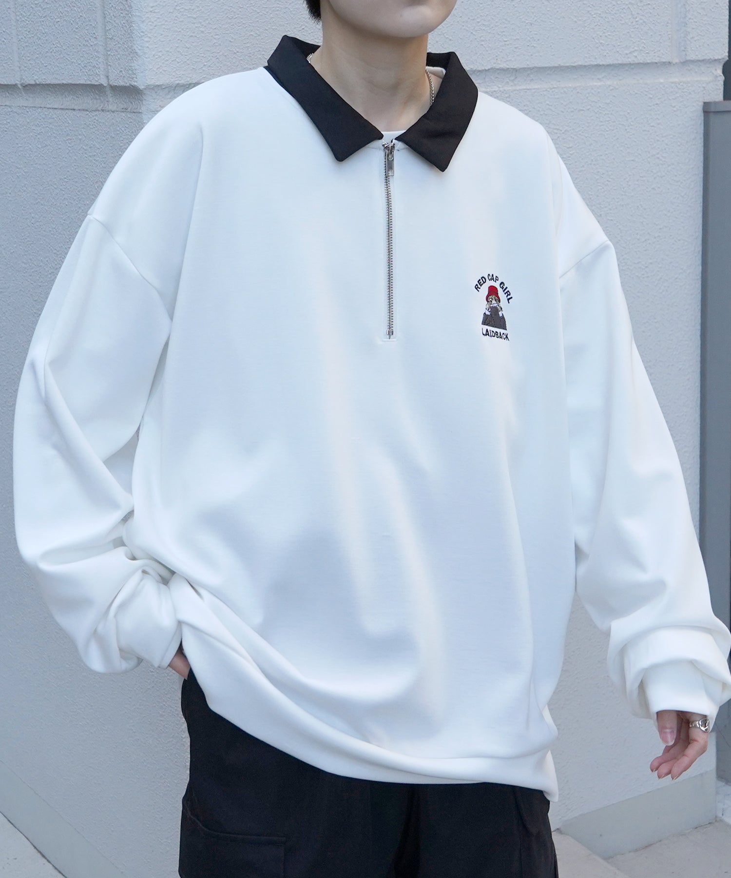 【RED CAP GIRL】25SS ビッグシルエット ドレープとろみ ダンボールニット ワンポイント刺繍ポンチハーフジップ