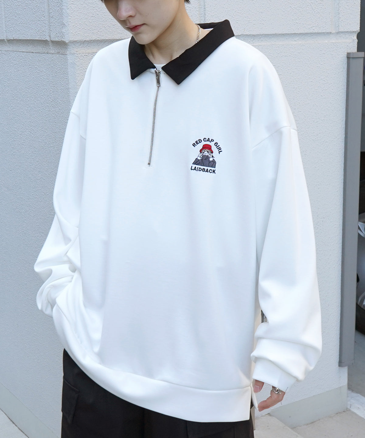 【RED CAP GIRL】25SS ビッグシルエット ドレープとろみ ダンボールニット ワンポイント刺繍ポンチハーフジップ