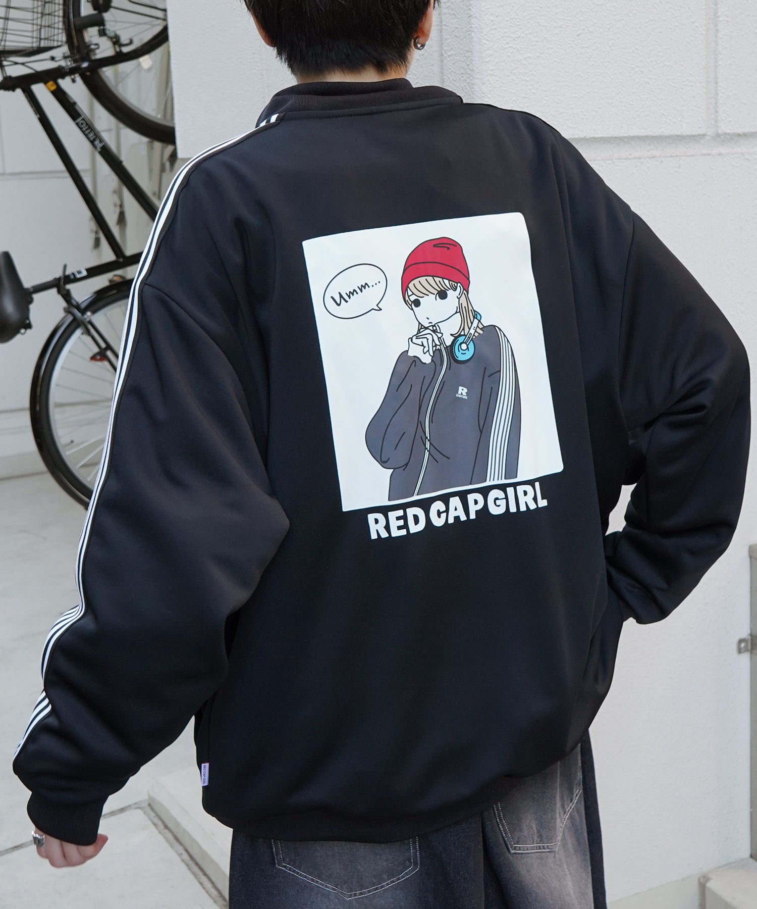 25SS【RED CAP GIRL】セットアップ対応 ビッグシルエット バックプリント 袖ライン ジャージトラックジャケット