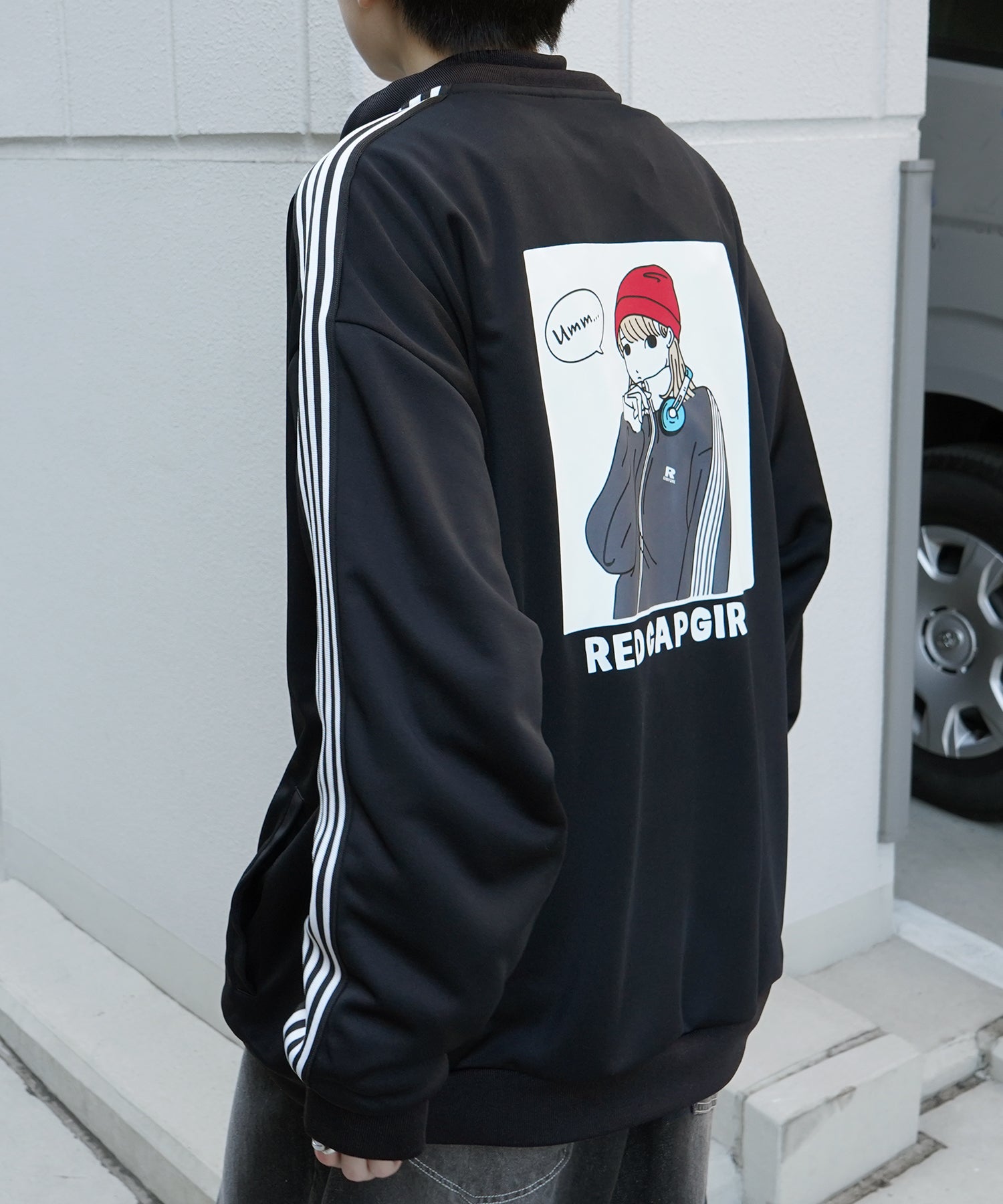 25SS【RED CAP GIRL】セットアップ対応 ビッグシルエット バックプリント 袖ライン ジャージトラックジャケット