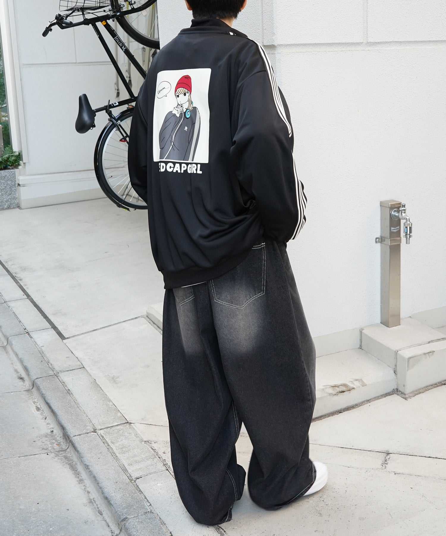 25SS【RED CAP GIRL】セットアップ対応 ビッグシルエット バックプリント 袖ライン ジャージトラックジャケット