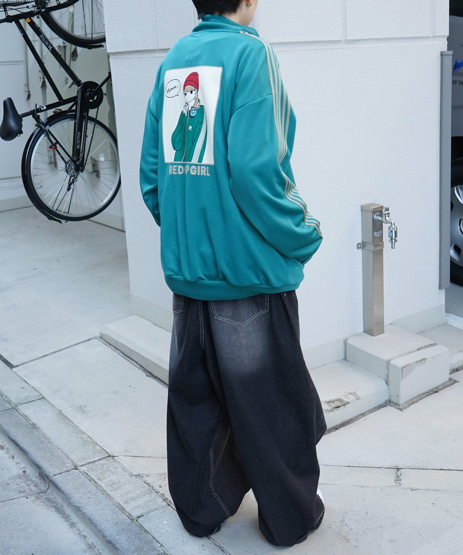 25SS【RED CAP GIRL】セットアップ対応 ビッグシルエット バックプリント 袖ライン ジャージトラックジャケット