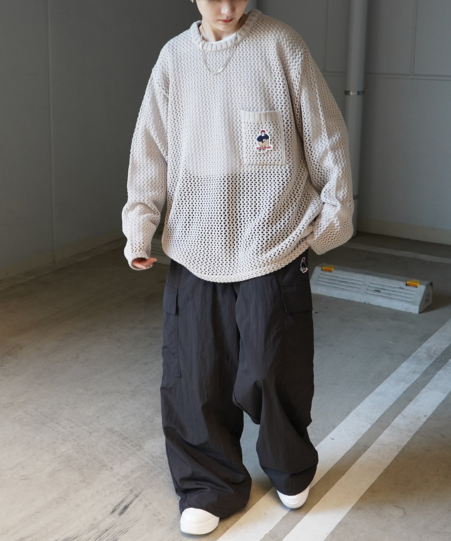【RED CAP GIRL】25SS ビッグシルエット ワンポイント刺繍 メッシュニットプルオーバー