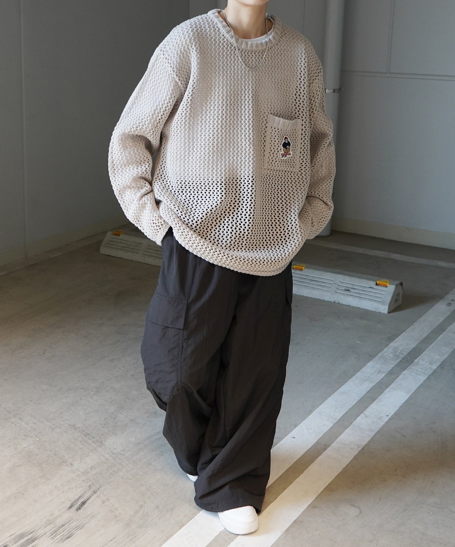 【RED CAP GIRL】25SS ビッグシルエット ワンポイント刺繍 メッシュニットプルオーバー