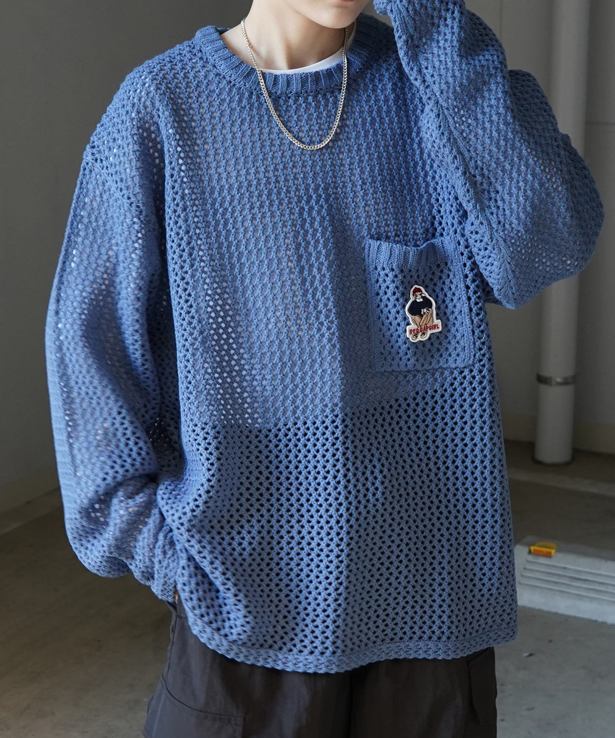 【RED CAP GIRL】25SS ビッグシルエット ワンポイント刺繍 メッシュニットプルオーバー