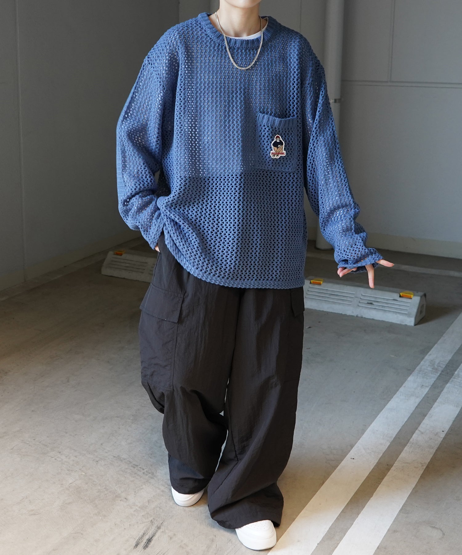 【RED CAP GIRL】25SS ビッグシルエット ワンポイント刺繍 メッシュニットプルオーバー