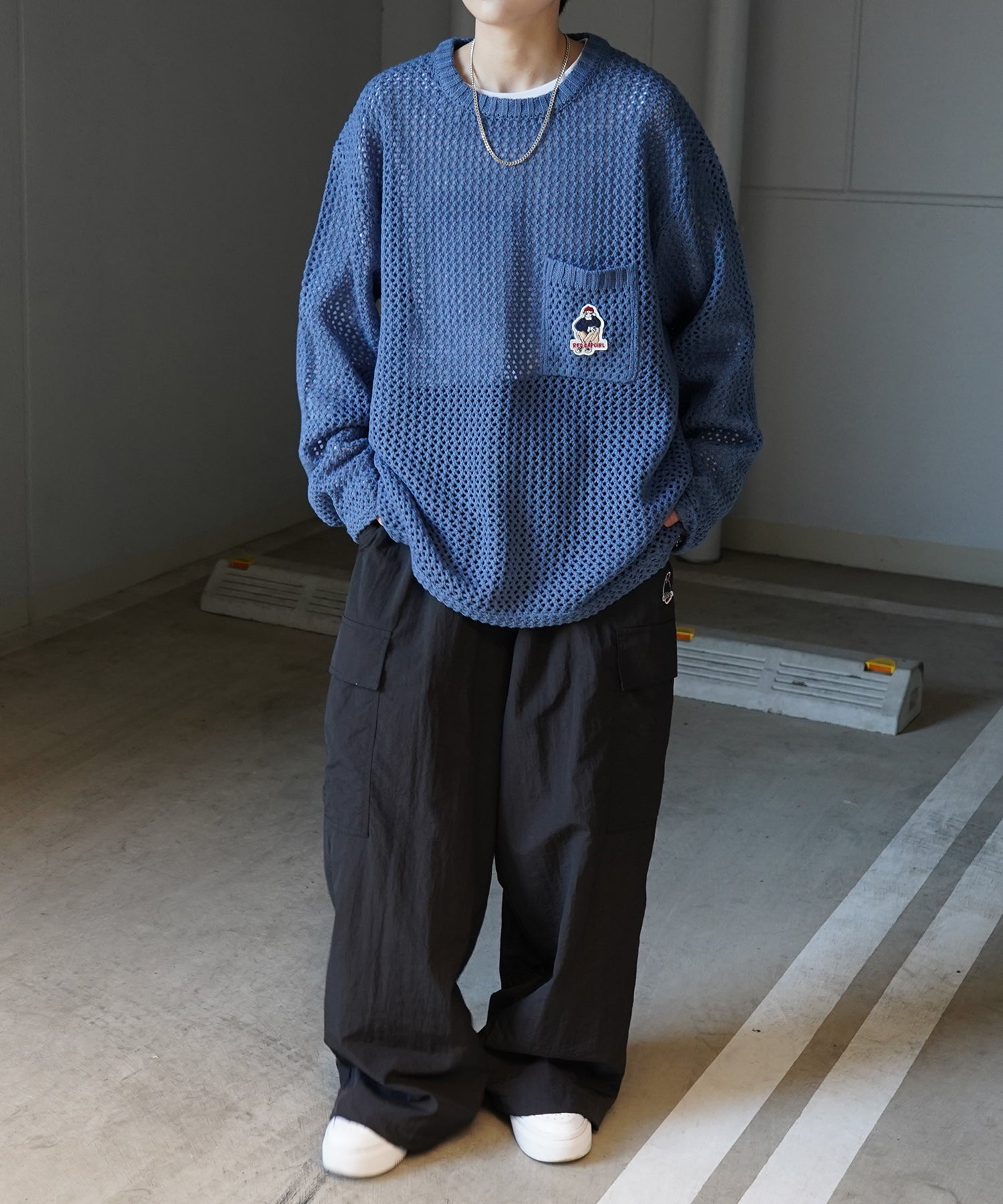 【RED CAP GIRL】25SS ビッグシルエット ワンポイント刺繍 メッシュニットプルオーバー