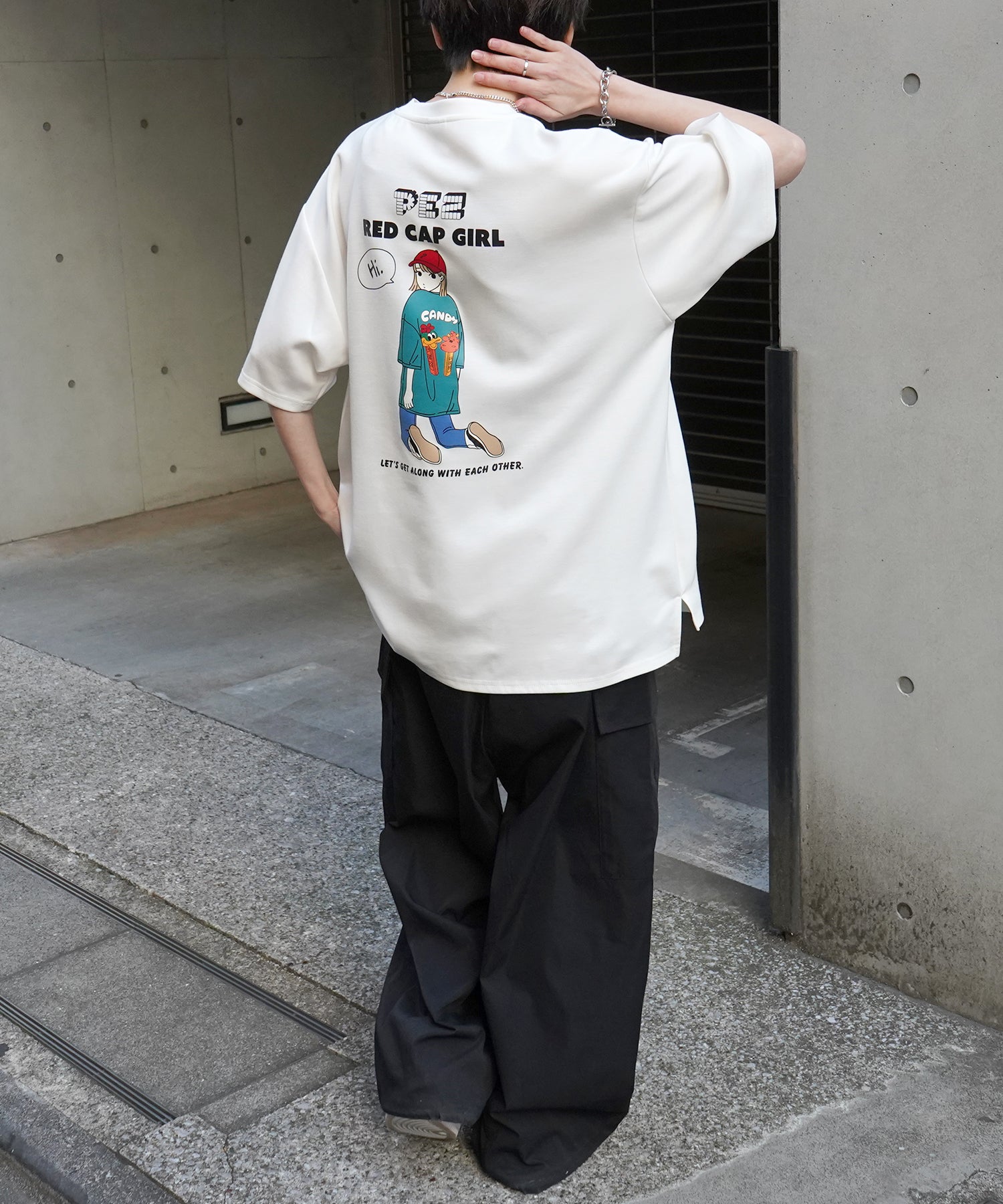 【RED CAP GIRL × PEZ】25SS RCG×PEZコラボ バックプリント ドレープとろみ ビッグシルエットポンチTシャツ