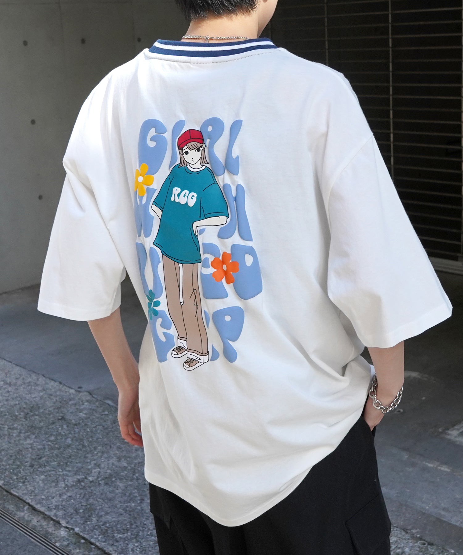 25SS【RED CAP GIRL】リブライン / バックプリント / ワンポイント刺繍 ビッグシルエット 半袖Tシャツ