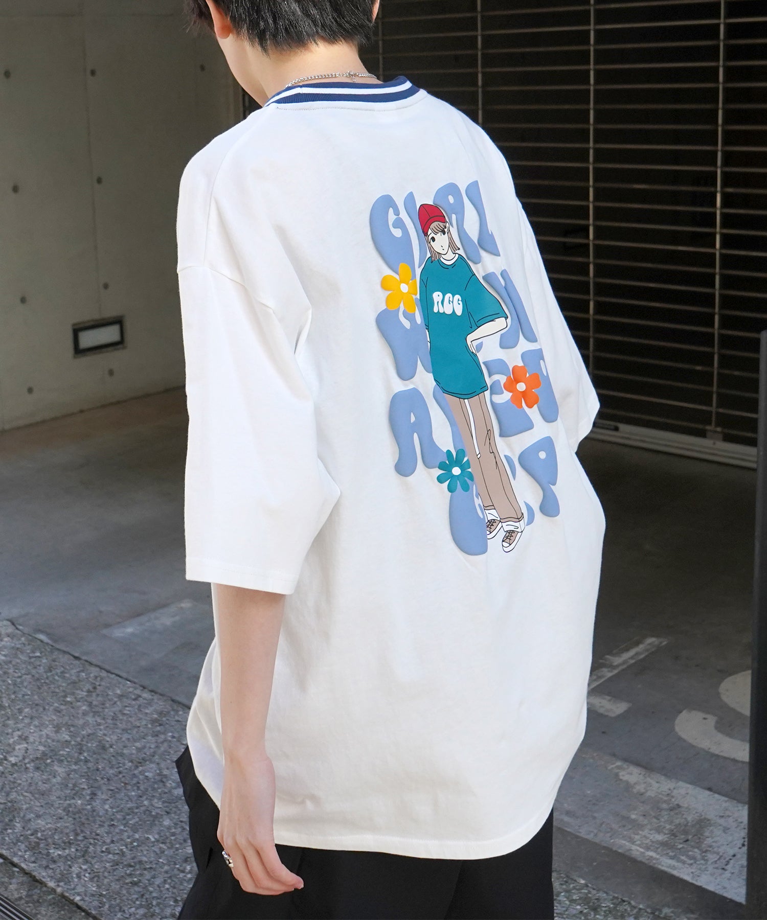 25SS【RED CAP GIRL】リブライン / バックプリント / ワンポイント刺繍 ビッグシルエット 半袖Tシャツ