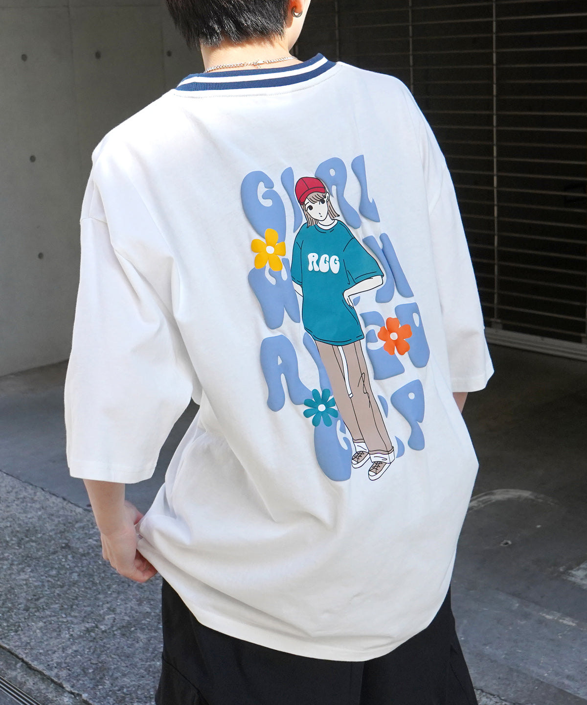 25SS【RED CAP GIRL】リブライン / バックプリント / ワンポイント刺繍 ビッグシルエット 半袖Tシャツ