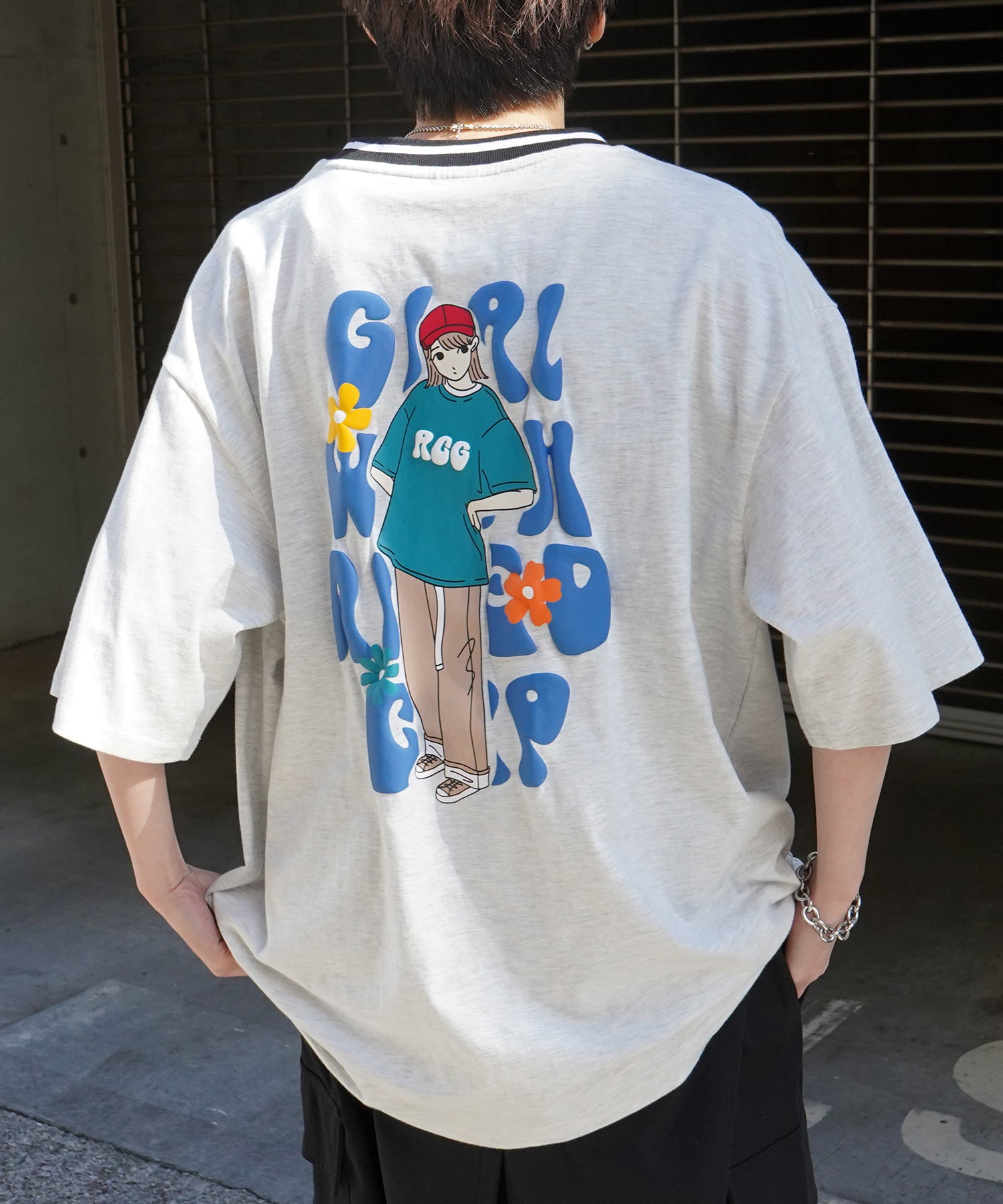 25SS【RED CAP GIRL】リブライン / バックプリント / ワンポイント刺繍 ビッグシルエット 半袖Tシャツ