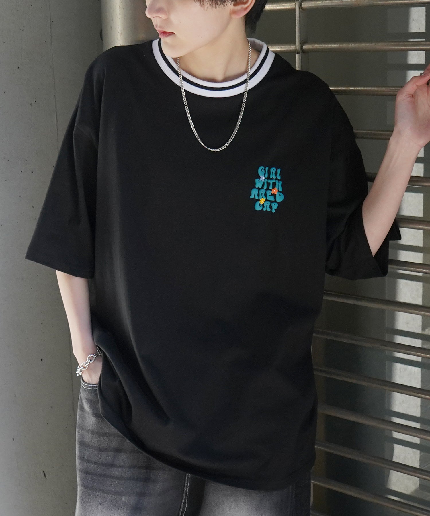 25SS【RED CAP GIRL】リブライン / バックプリント / ワンポイント刺繍 ビッグシルエット 半袖Tシャツ