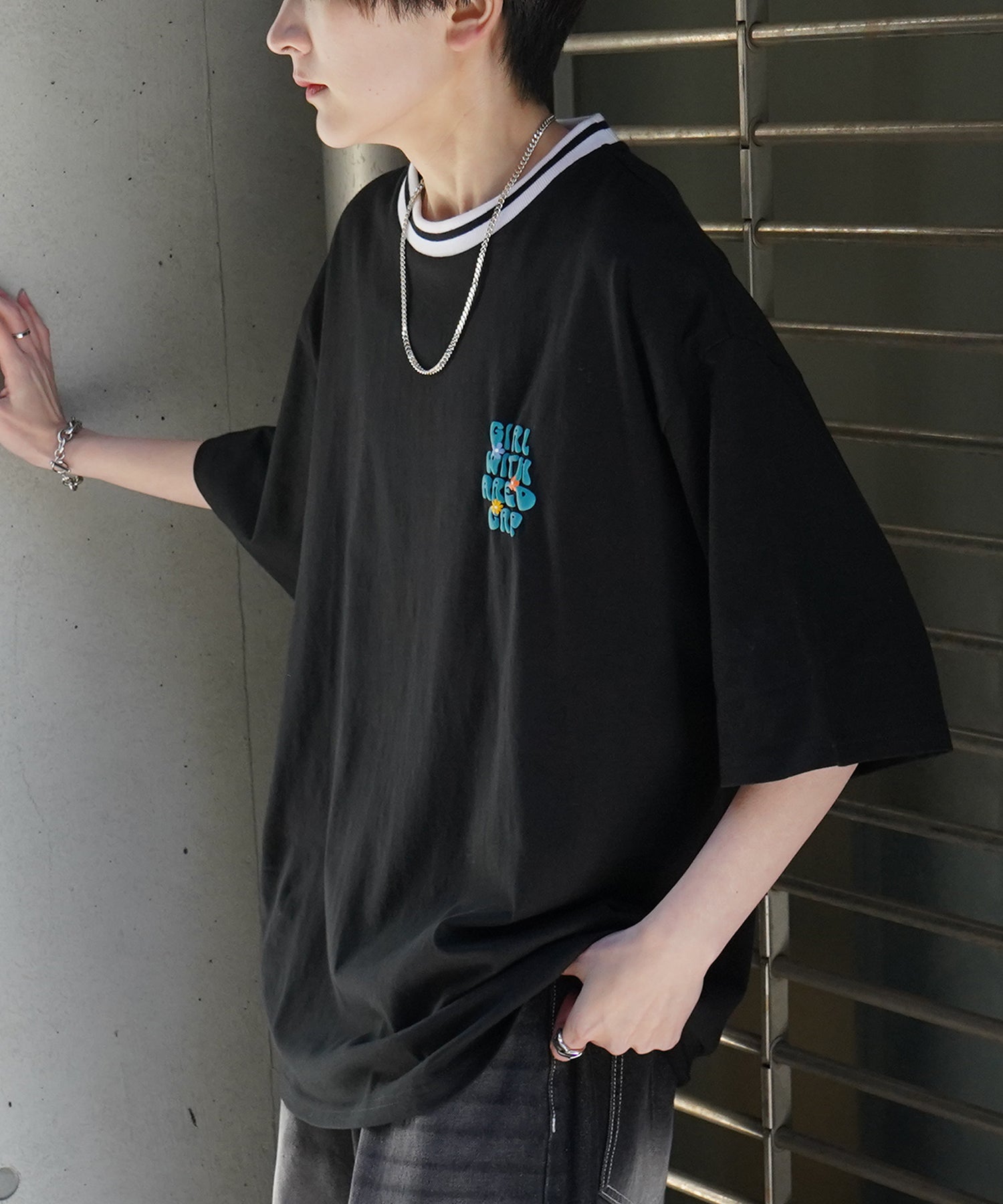 25SS【RED CAP GIRL】リブライン / バックプリント / ワンポイント刺繍 ビッグシルエット 半袖Tシャツ