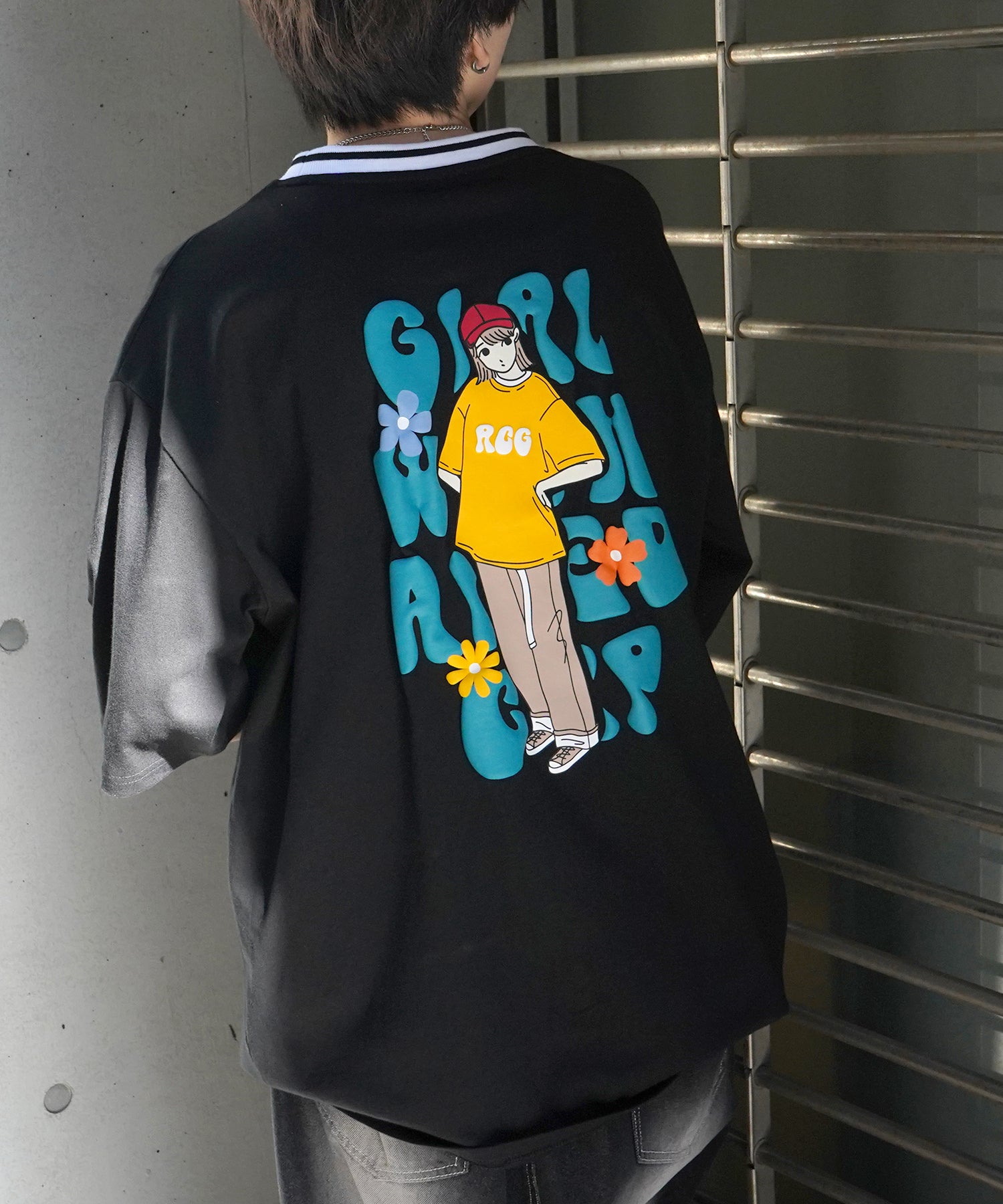 25SS【RED CAP GIRL】リブライン / バックプリント / ワンポイント刺繍 ビッグシルエット 半袖Tシャツ