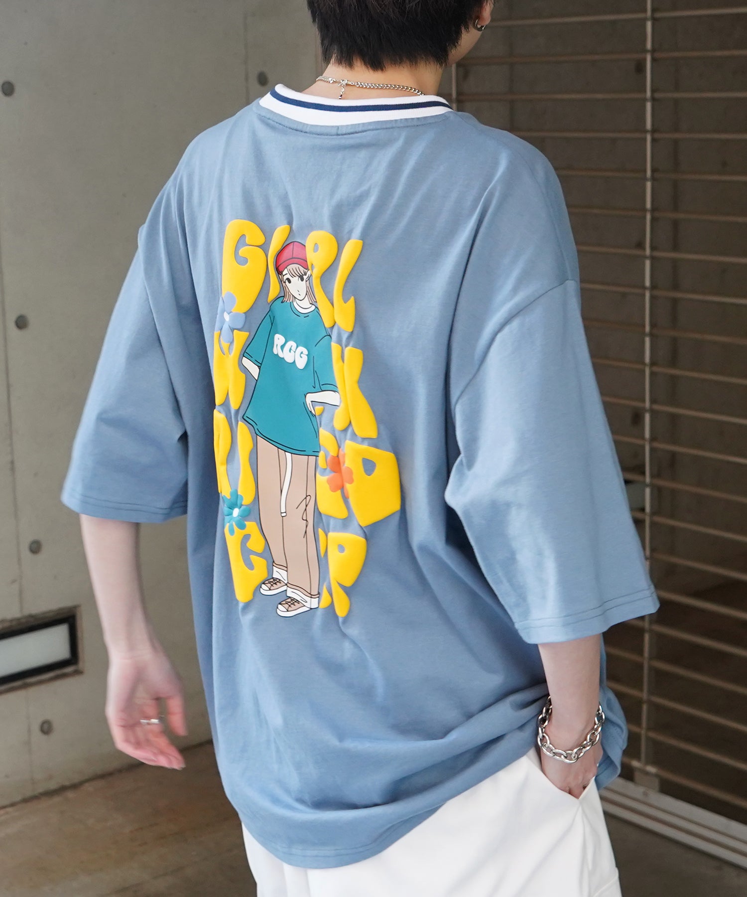 25SS【RED CAP GIRL】リブライン / バックプリント / ワンポイント刺繍 ビッグシルエット 半袖Tシャツ