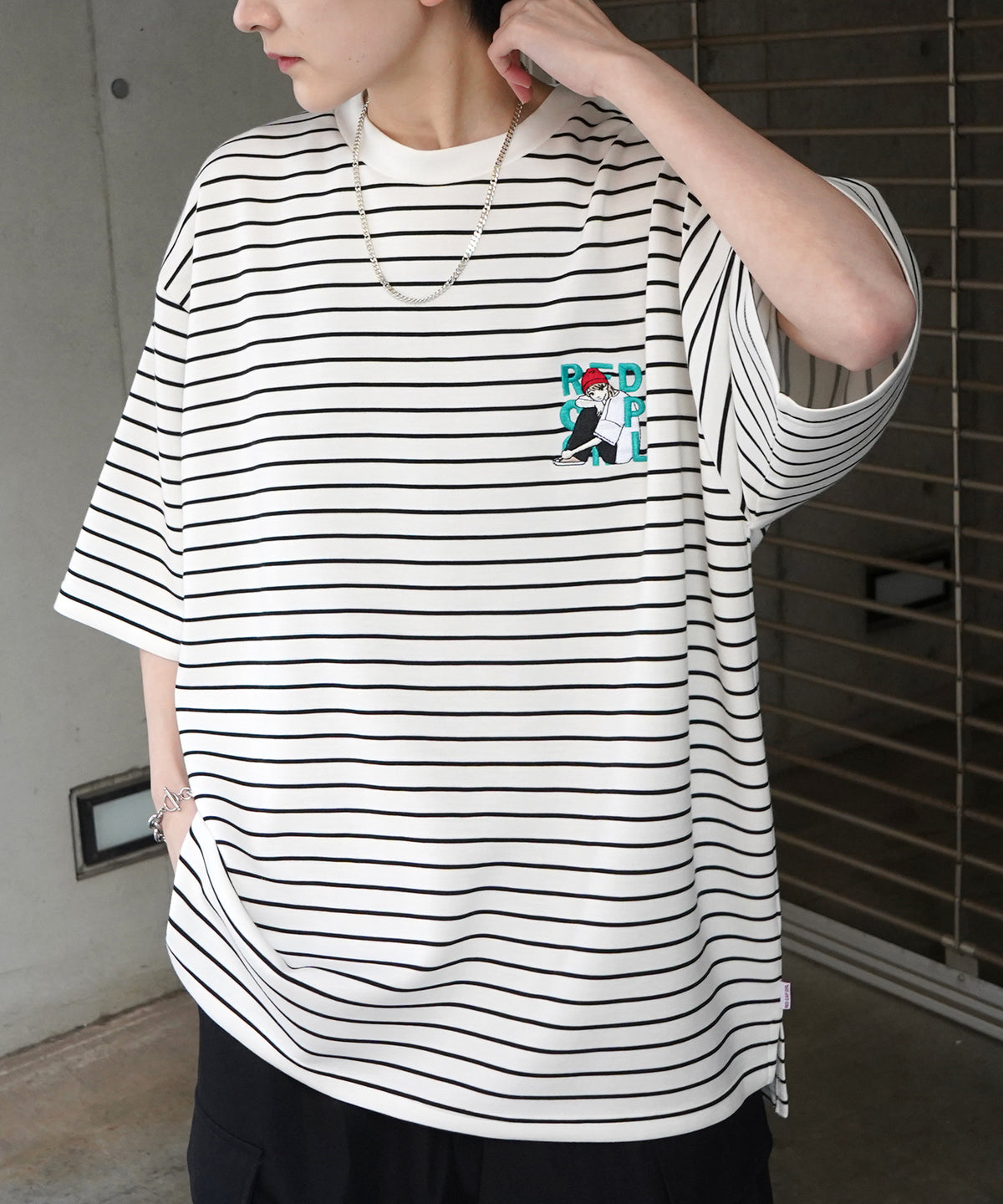 【RED CAP GIRL】24SS ビッグシルエット ワンポイント刺繍 ボーダー ドレープとろみ リンガーTシャツ