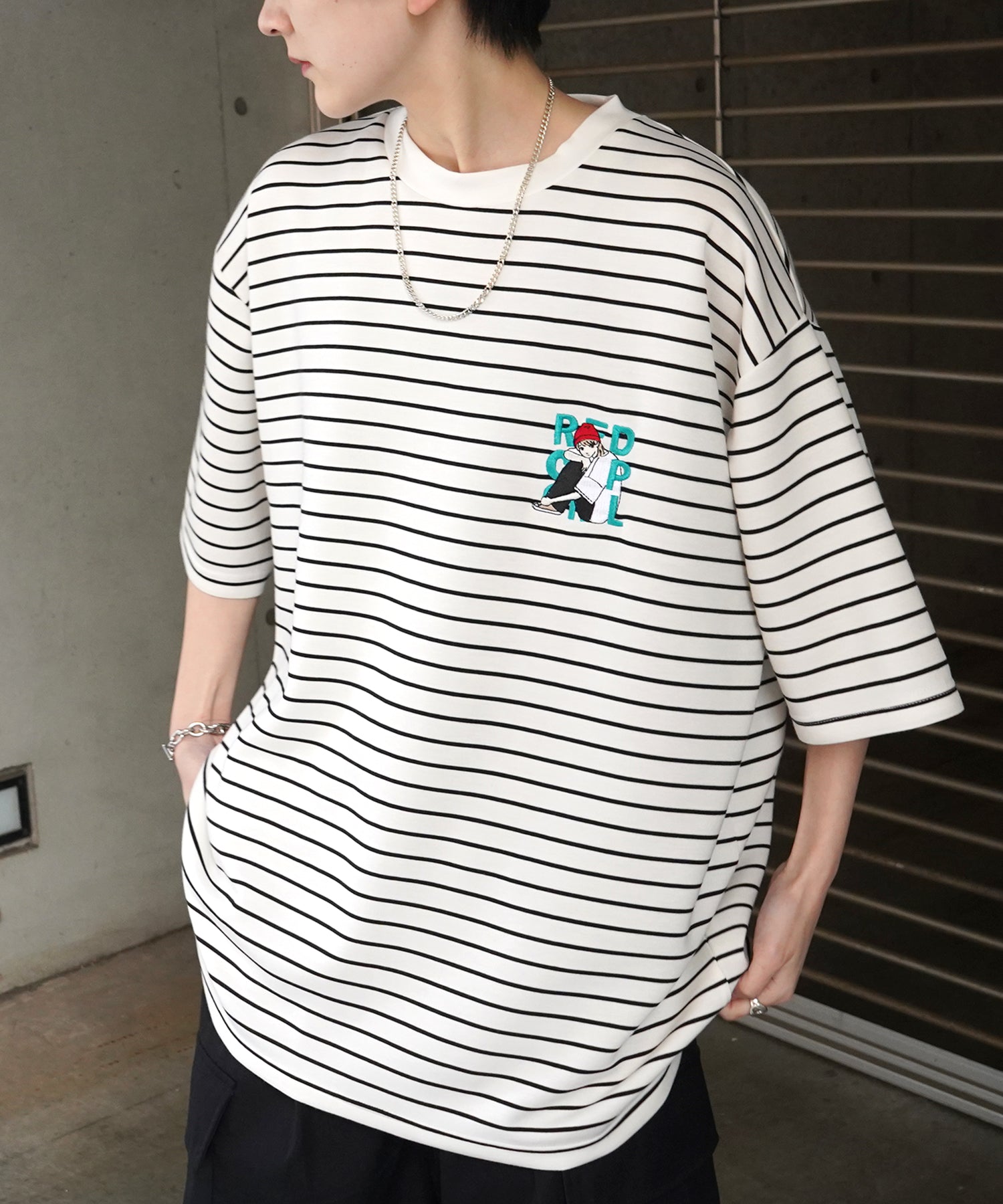 【RED CAP GIRL】24SS ビッグシルエット ワンポイント刺繍 ボーダー ドレープとろみ リンガーTシャツ