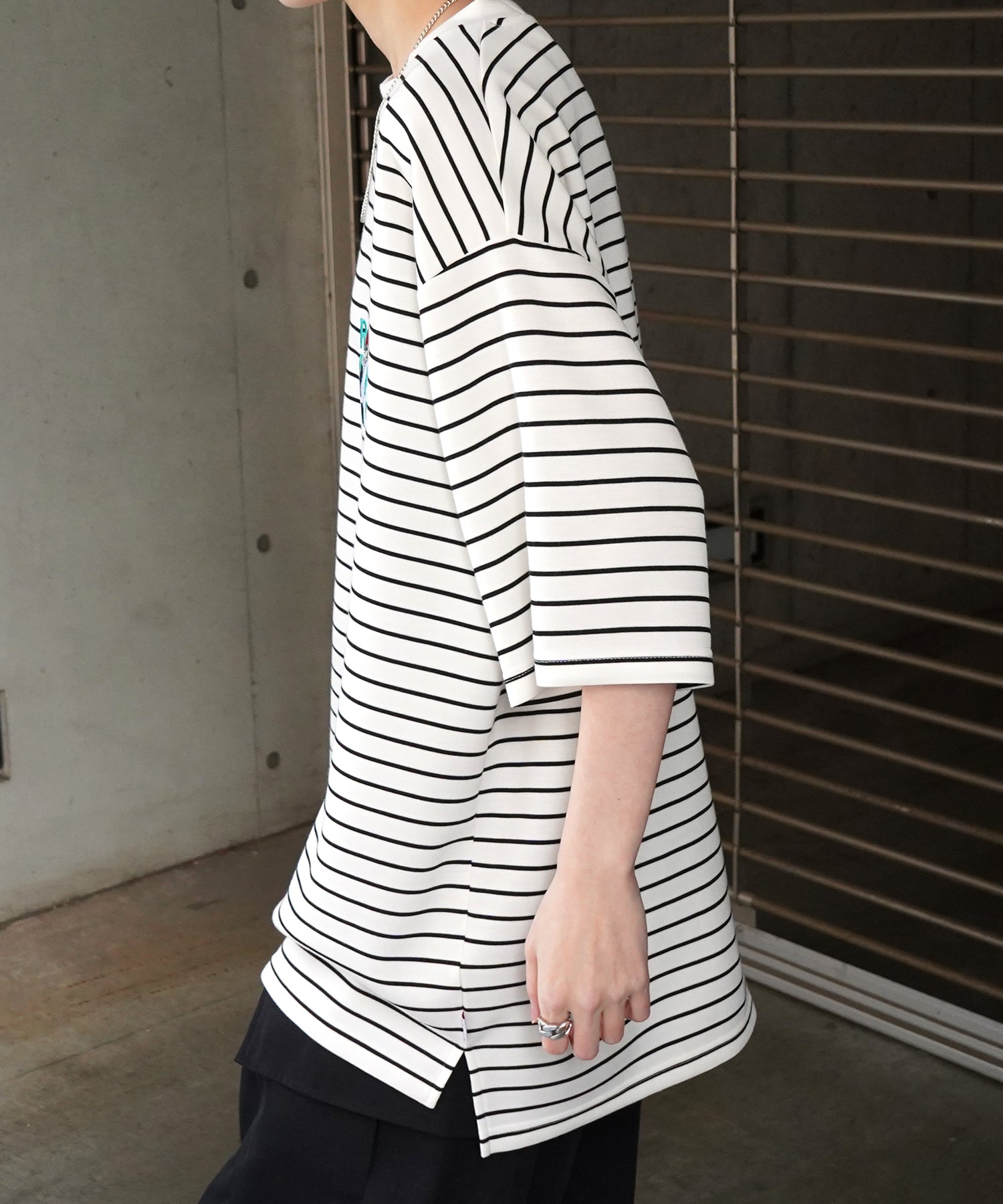 【RED CAP GIRL】24SS ビッグシルエット ワンポイント刺繍 ボーダー ドレープとろみ リンガーTシャツ