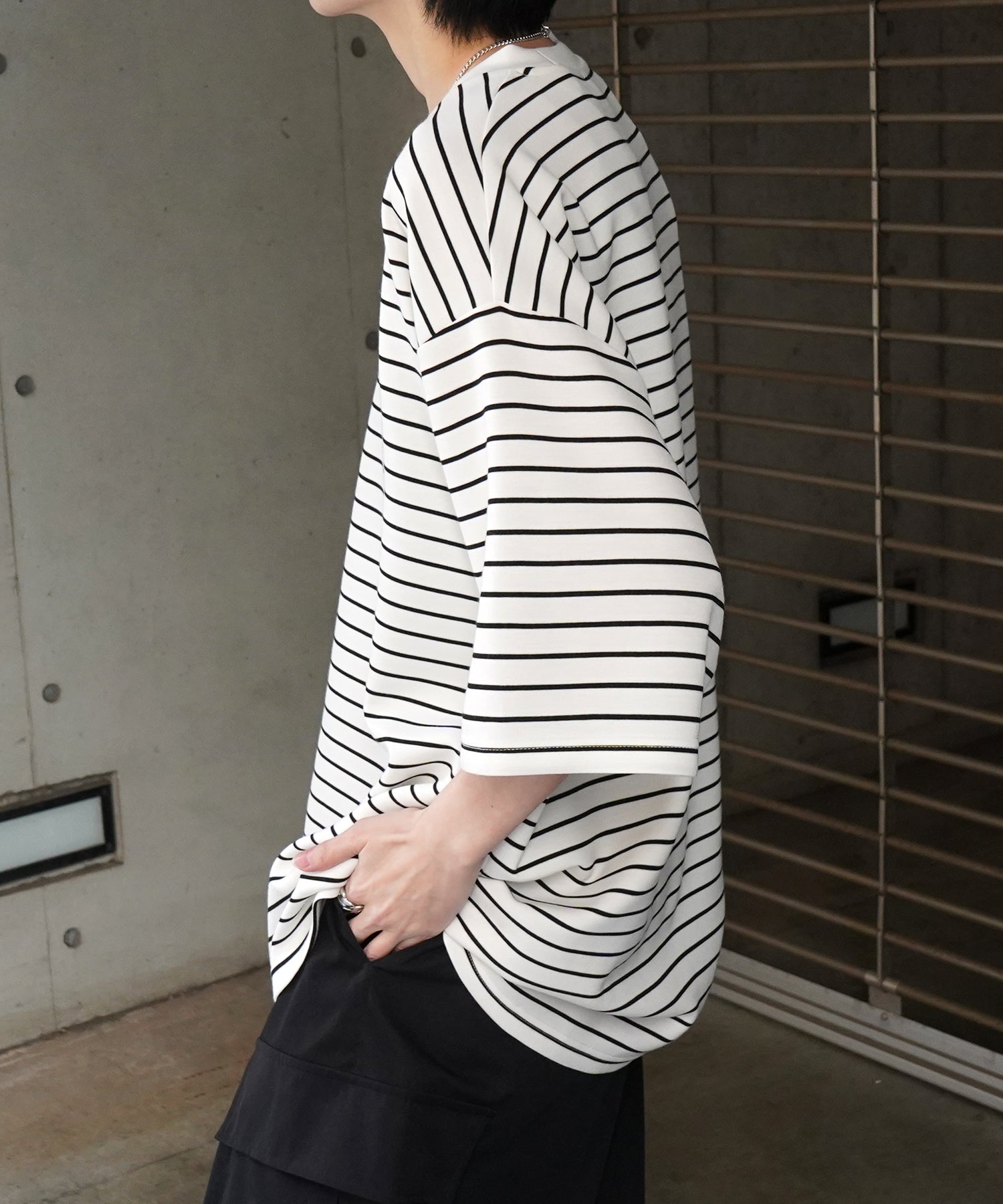 【RED CAP GIRL】24SS ビッグシルエット ワンポイント刺繍 ボーダー ドレープとろみ リンガーTシャツ