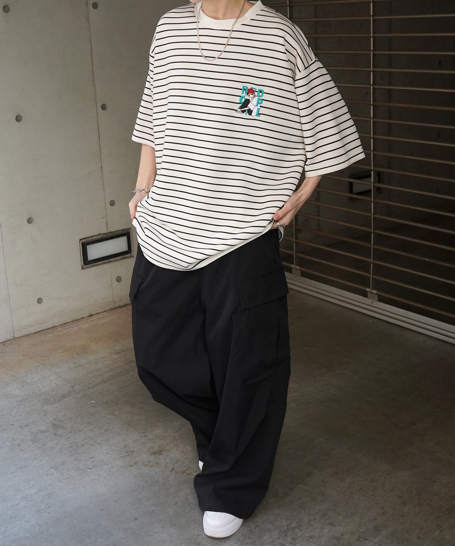 【RED CAP GIRL】24SS ビッグシルエット ワンポイント刺繍 ボーダー ドレープとろみ リンガーTシャツ