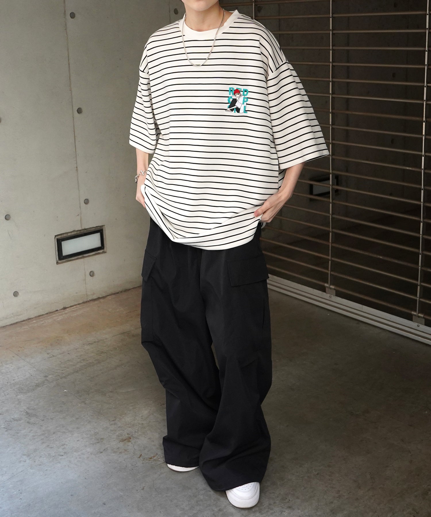 【RED CAP GIRL】24SS ビッグシルエット ワンポイント刺繍 ボーダー ドレープとろみ リンガーTシャツ