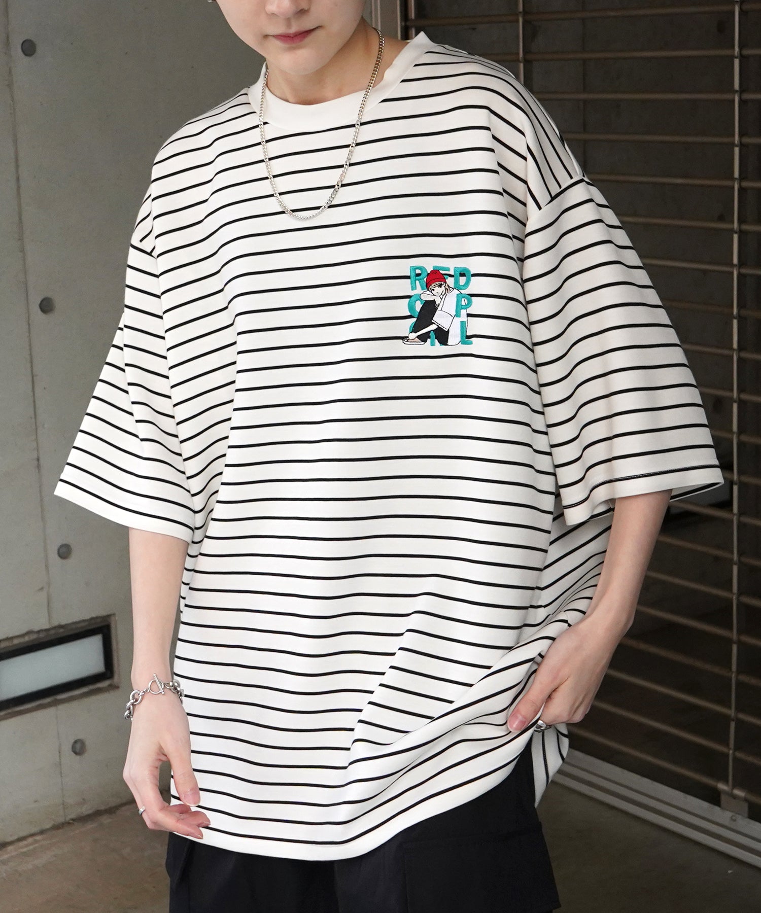 【RED CAP GIRL】24SS ビッグシルエット ワンポイント刺繍 ボーダー ドレープとろみ リンガーTシャツ