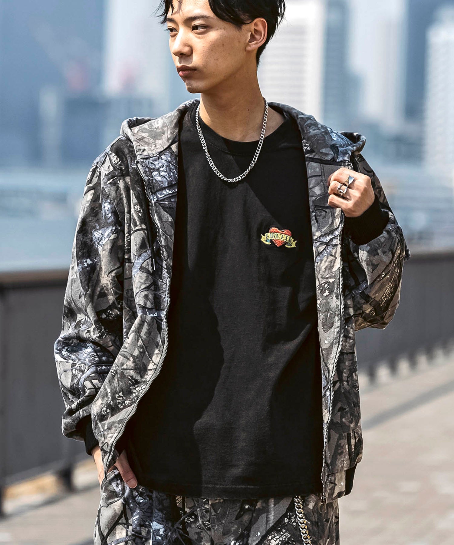 25SS【Labordi / ラボード】ツリーカモ柄 リアルツリー / デニム / ケミカル加工 ボックスシルエット フーディー ミリタリーフードジャケット