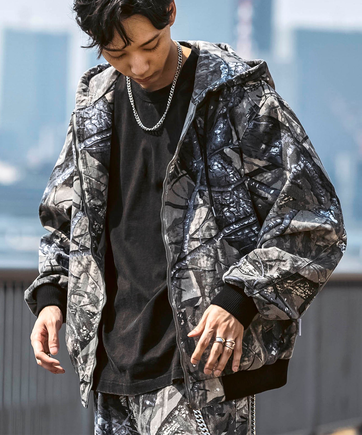 25SS【Labordi / ラボード】ツリーカモ柄 リアルツリー / デニム / ケミカル加工 ボックスシルエット フーディー ミリタリーフードジャケット