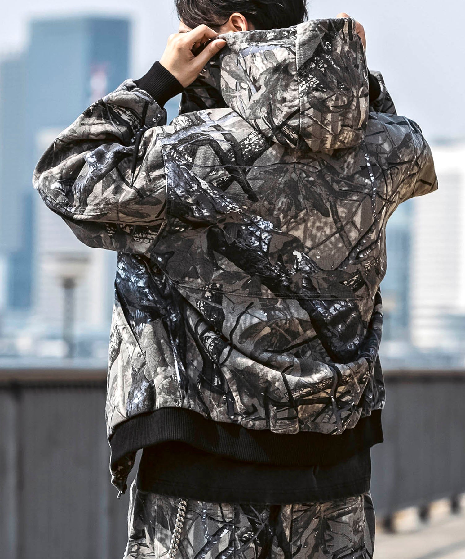 25SS【Labordi / ラボード】ツリーカモ柄 リアルツリー / デニム / ケミカル加工 ボックスシルエット フーディー ミリタリーフードジャケット