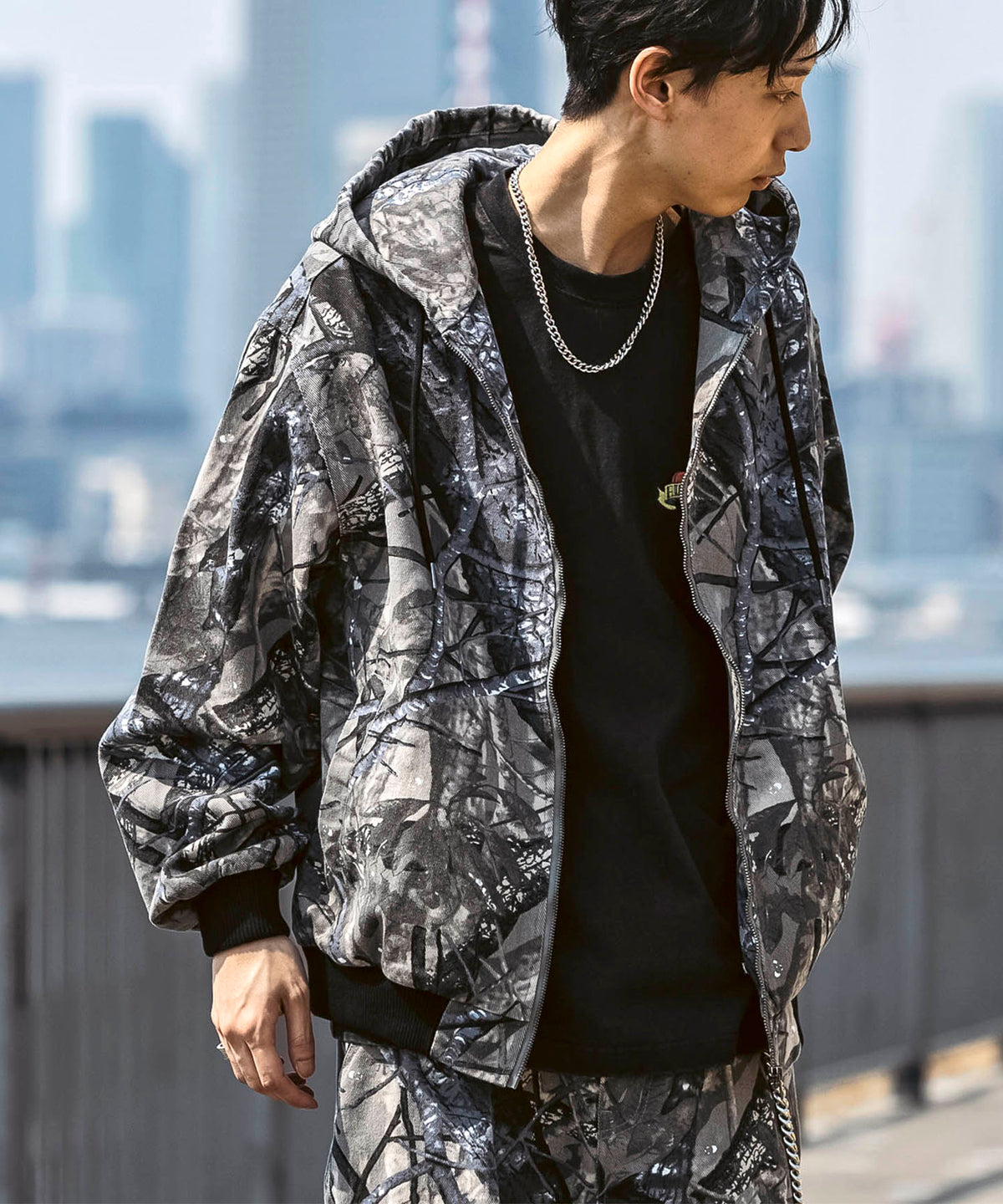 25SS【Labordi / ラボード】ツリーカモ柄 リアルツリー / デニム / ケミカル加工 ボックスシルエット フーディー ミリタリーフードジャケット