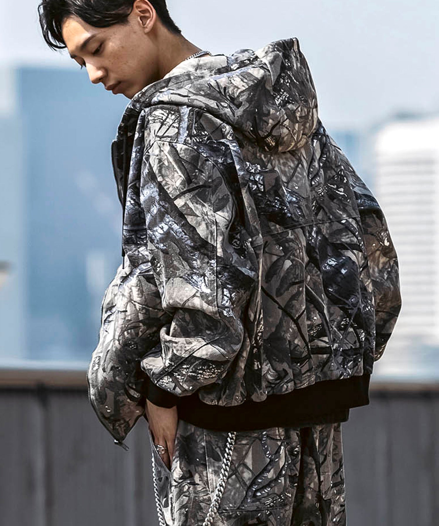 25SS【Labordi / ラボード】ツリーカモ柄 リアルツリー / デニム / ケミカル加工 ボックスシルエット フーディー ミリタリーフードジャケット