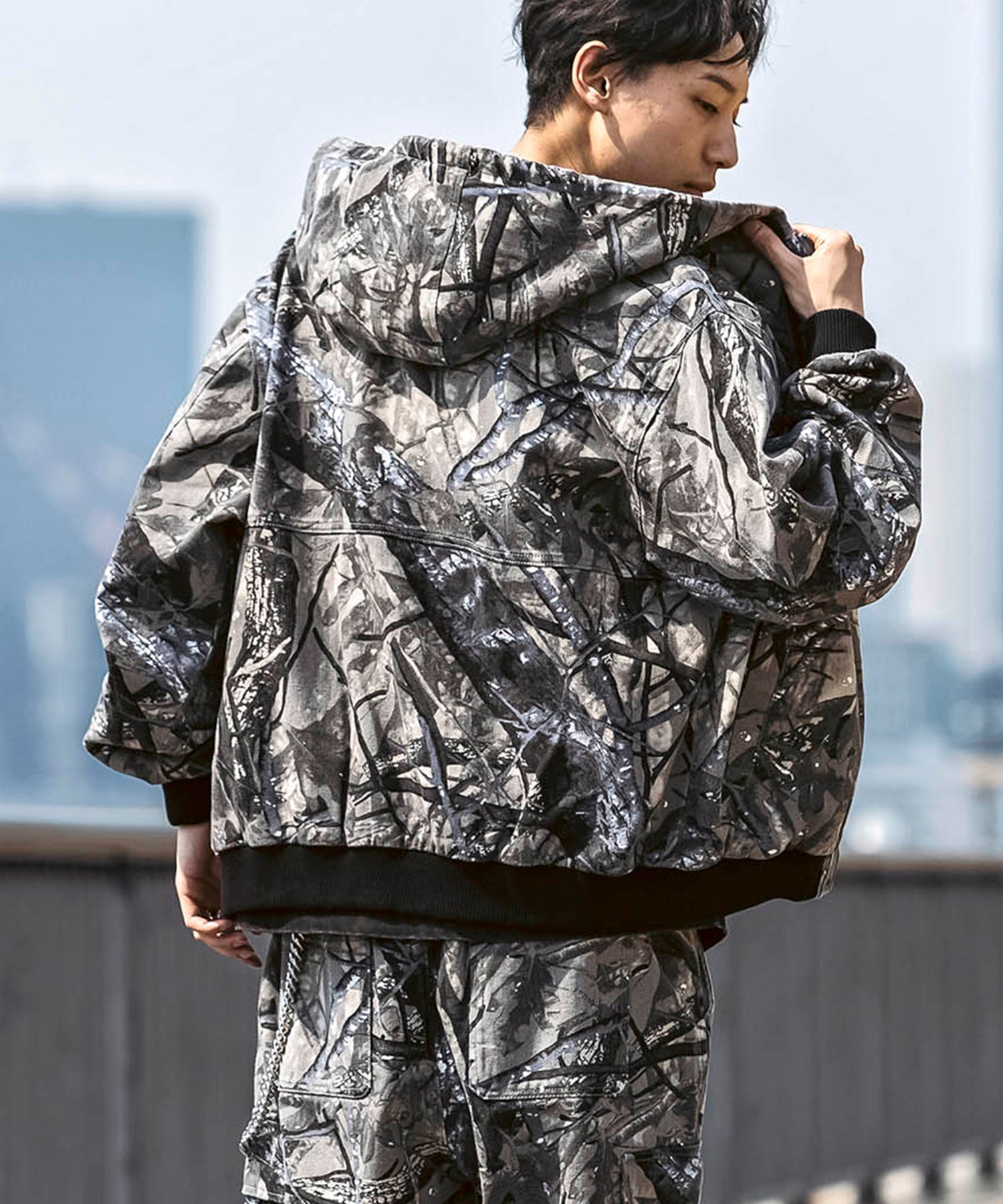 25SS【Labordi / ラボード】ツリーカモ柄 リアルツリー / デニム / ケミカル加工 ボックスシルエット フーディー ミリタリーフードジャケット