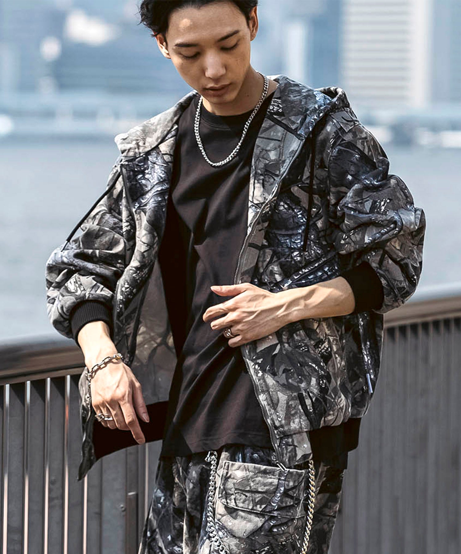 25SS【Labordi / ラボード】ツリーカモ柄 リアルツリー / デニム / ケミカル加工 ボックスシルエット フーディー ミリタリーフードジャケット