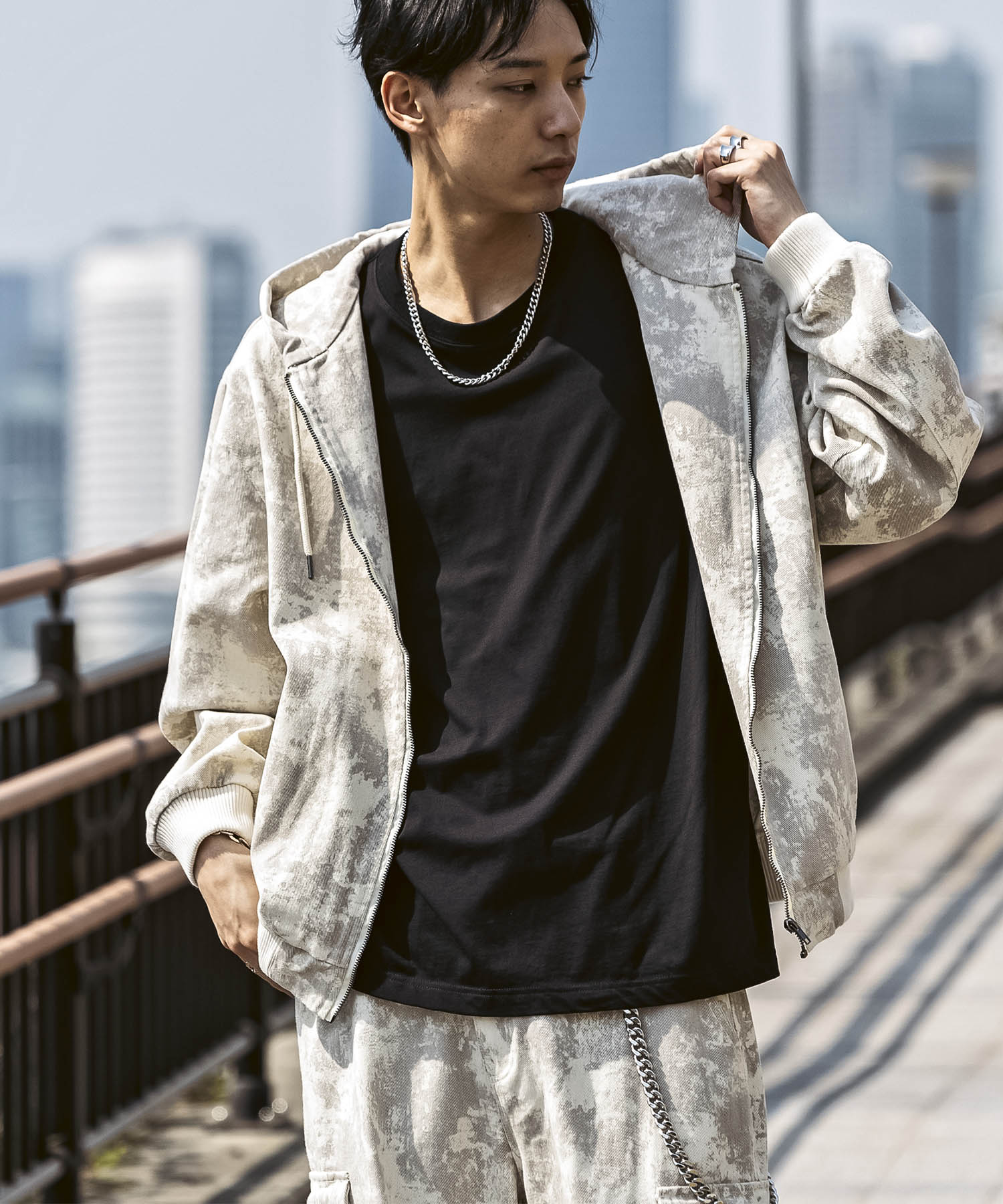 25SS【Labordi / ラボード】ツリーカモ柄 リアルツリー / デニム / ケミカル加工 ボックスシルエット フーディー ミリタリーフードジャケット