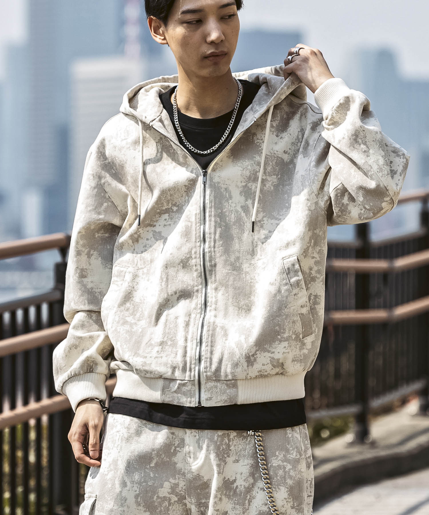 25SS【Labordi / ラボード】ツリーカモ柄 リアルツリー / デニム / ケミカル加工 ボックスシルエット フーディー ミリタリーフードジャケット