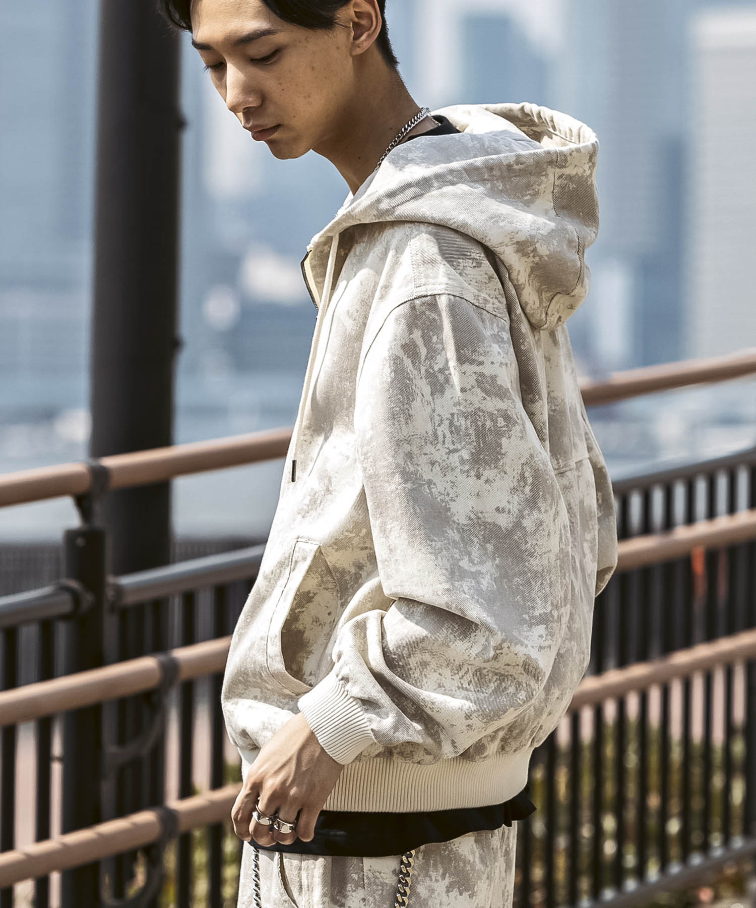 25SS【Labordi / ラボード】ツリーカモ柄 リアルツリー / デニム / ケミカル加工 ボックスシルエット フーディー ミリタリーフードジャケット