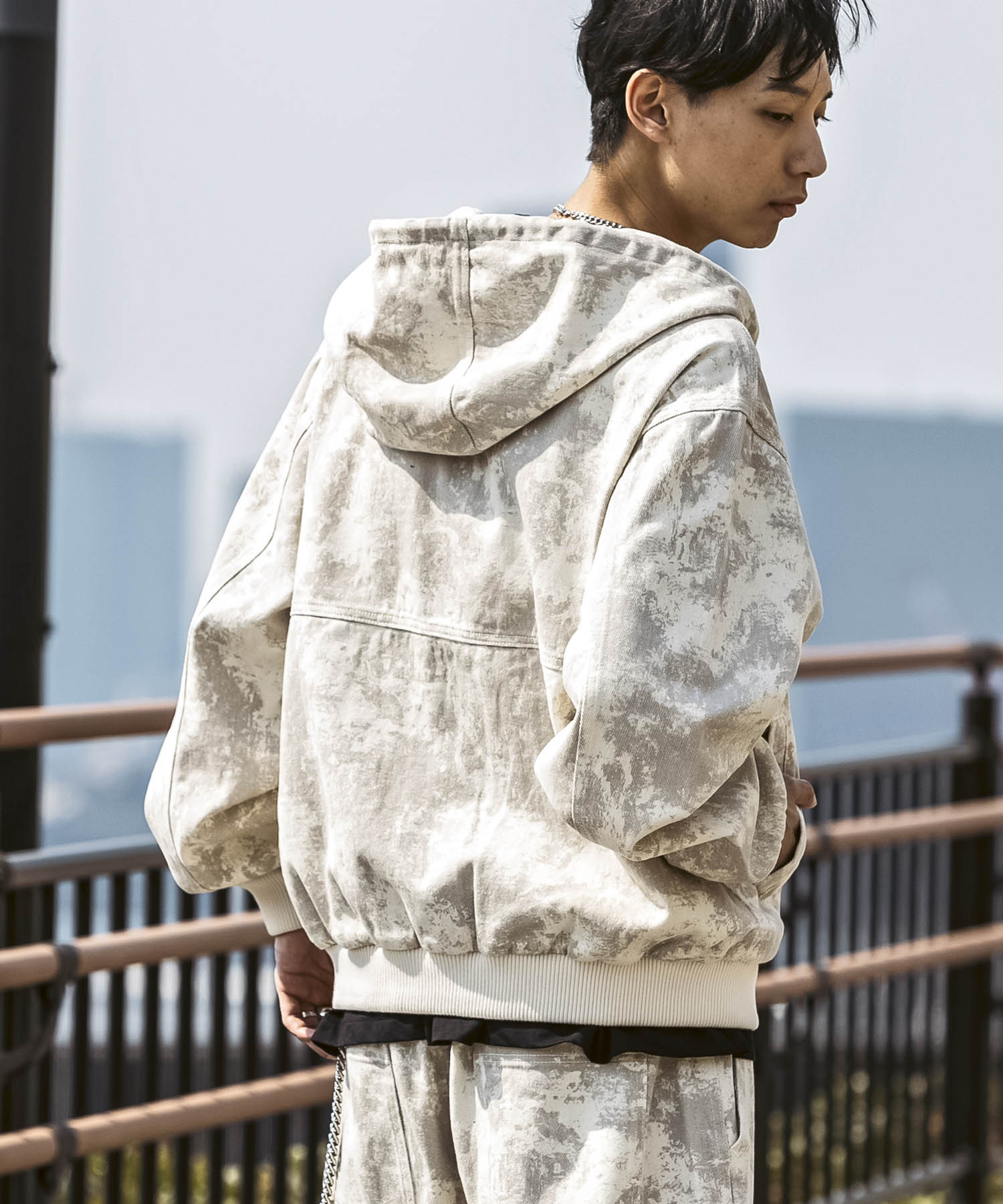 25SS【Labordi / ラボード】ツリーカモ柄 リアルツリー / デニム / ケミカル加工 ボックスシルエット フーディー ミリタリーフードジャケット
