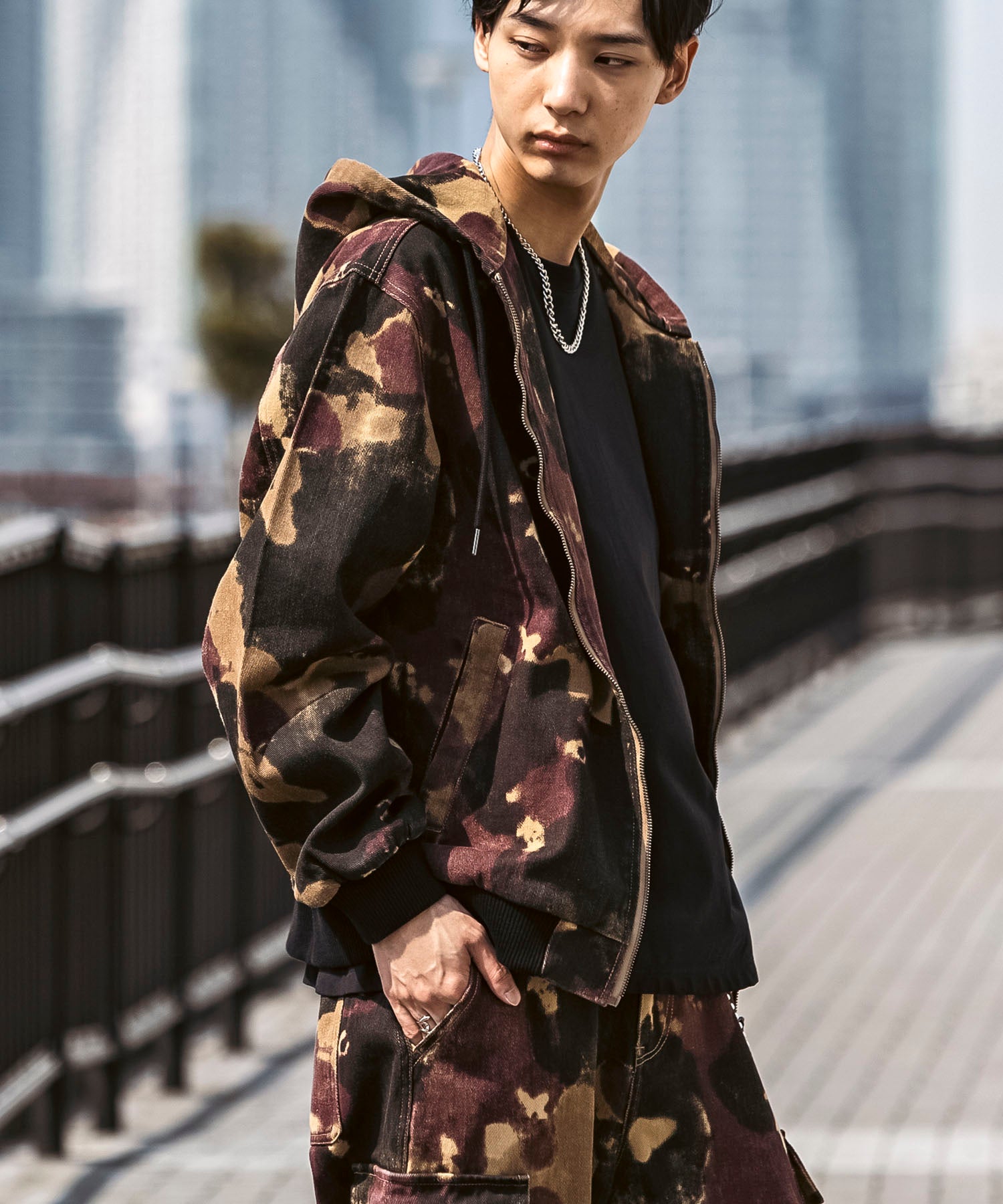 25SS【Labordi / ラボード】ツリーカモ柄 リアルツリー / デニム / ケミカル加工 ボックスシルエット フーディー ミリタリーフードジャケット