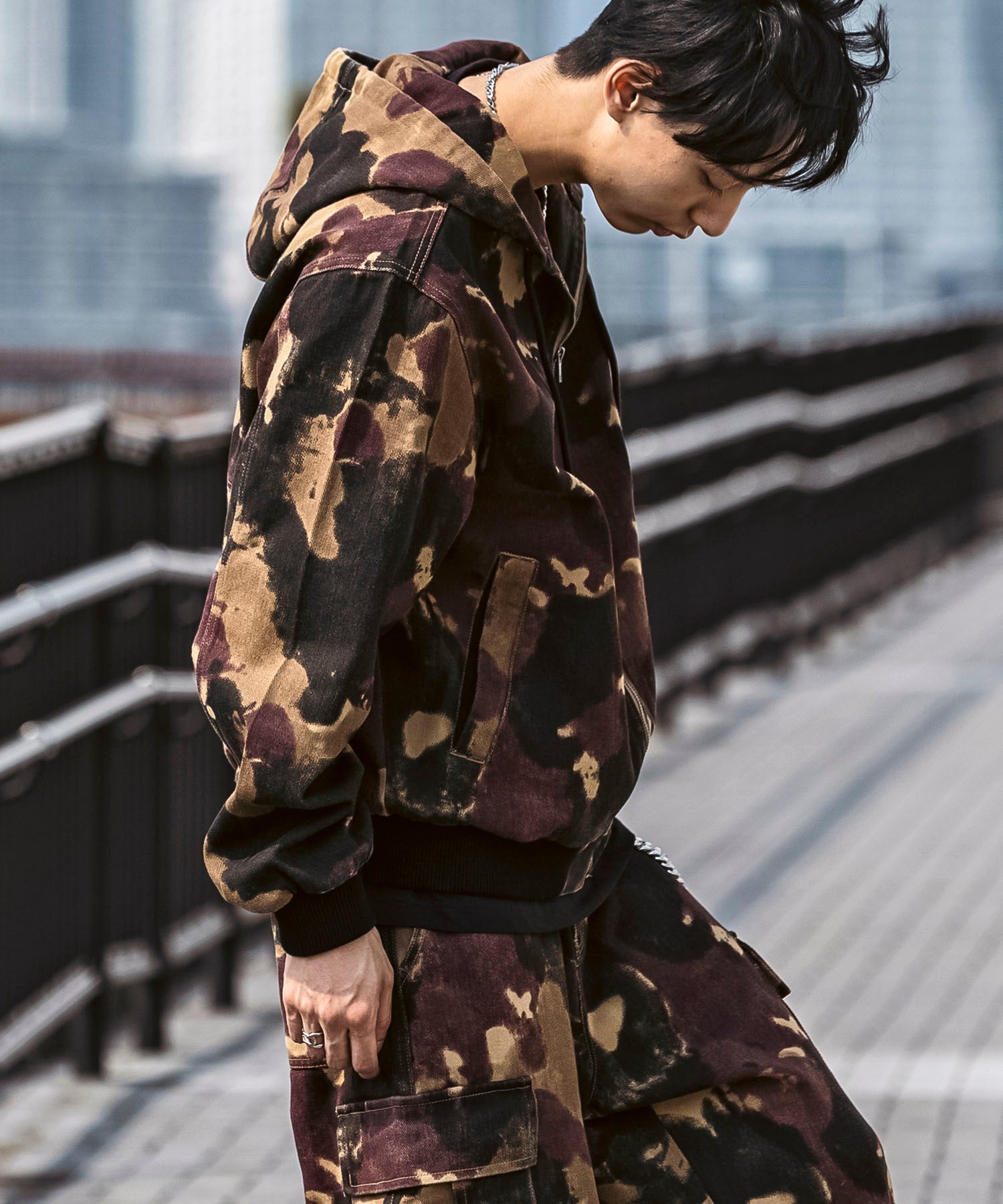 25SS【Labordi / ラボード】ツリーカモ柄 リアルツリー / デニム / ケミカル加工 ボックスシルエット フーディー ミリタリーフードジャケット