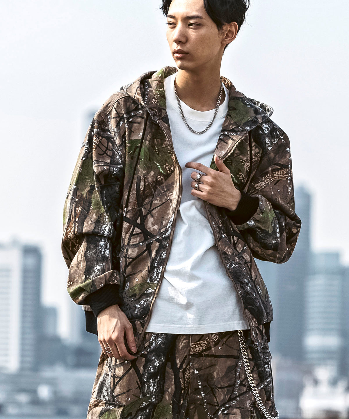 25SS【Labordi / ラボード】ツリーカモ柄 リアルツリー / デニム / ケミカル加工 ボックスシルエット フーディー ミリタリーフードジャケット